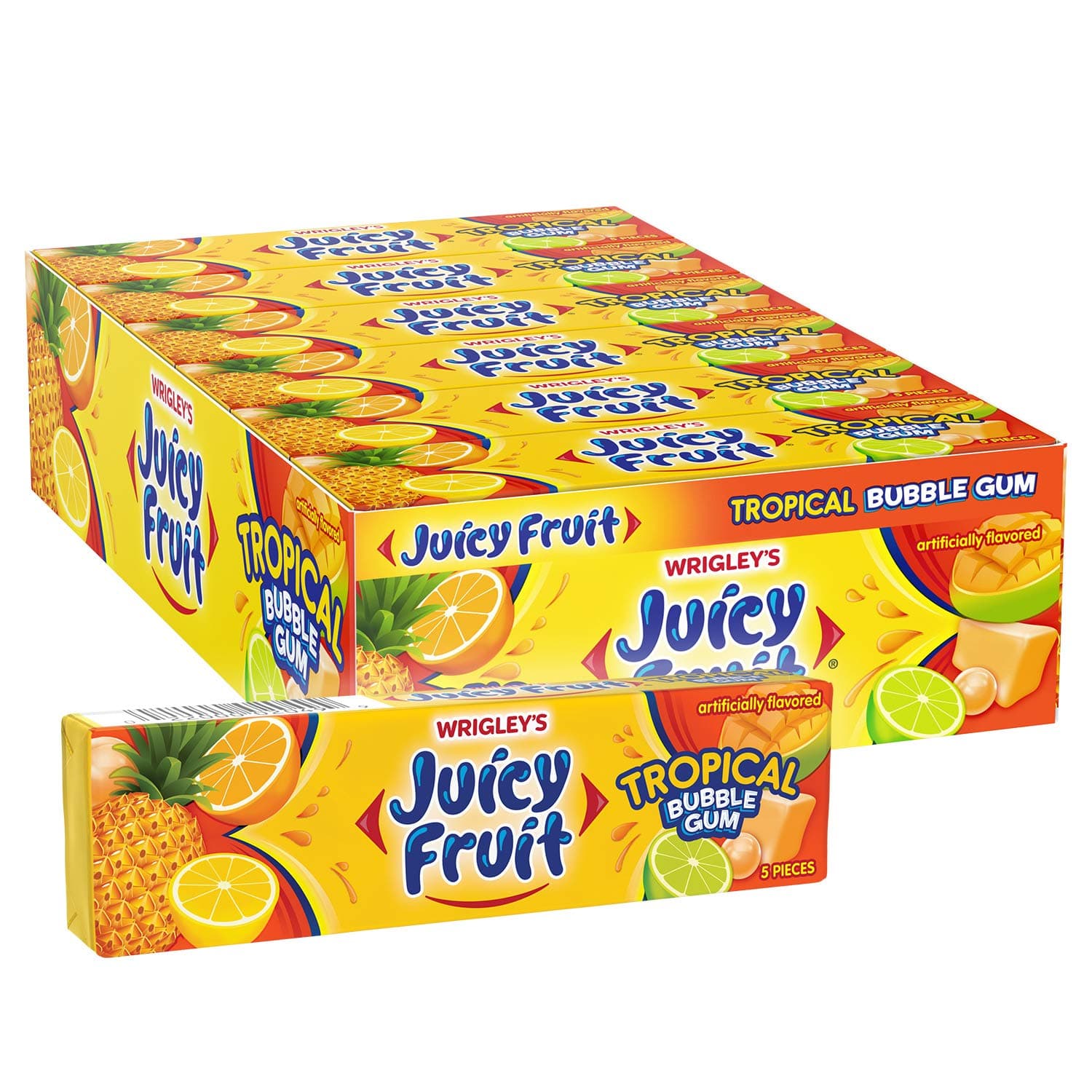 JUICY FRUIT Chewing Gum Pack, Tropical, 5 Count (18 Pack)
