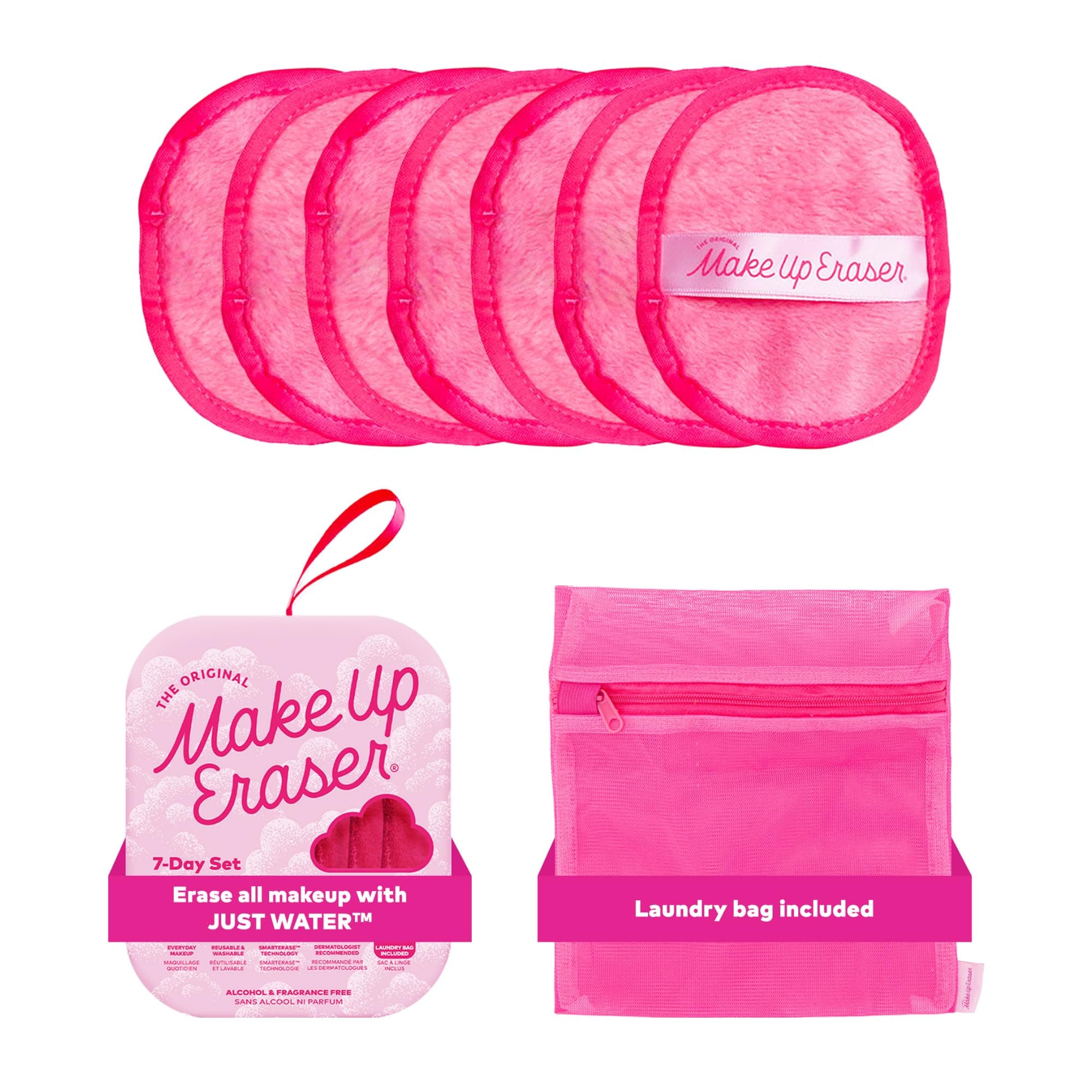 Makeup Eraser The Original, 7-Day Set, All with Just Water, Including Waterproof Mascara, Eyeliner, Foundation, Lipstick, Sunscreen, and More! Original Pink, 7ct.
