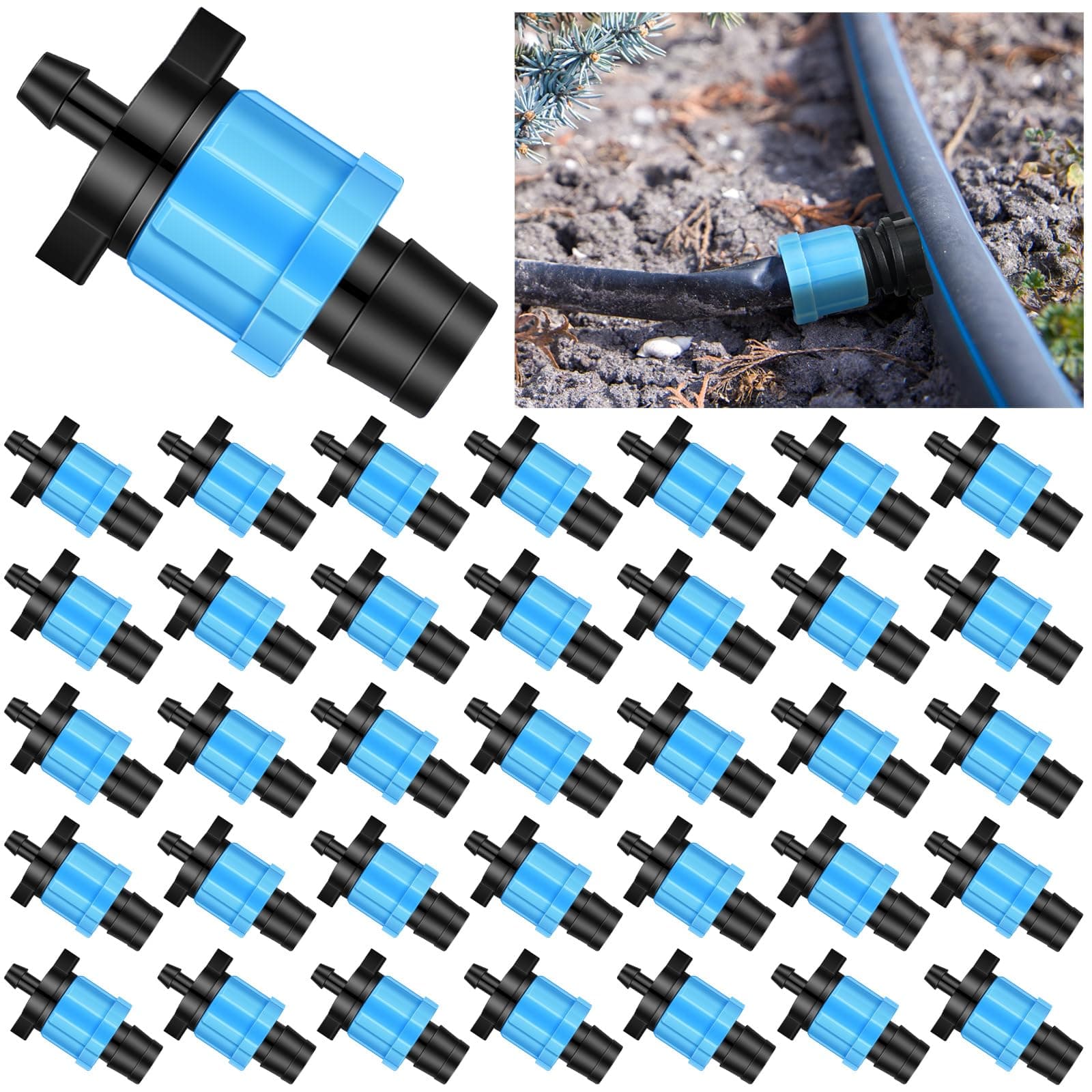 Frienda 100 Pcs Drip Irrigation Kit, 1/4" Barb for 5/8" Drip Tape, Twist Locks, Blue PP Material, Suitable for Gardens, Landscaping