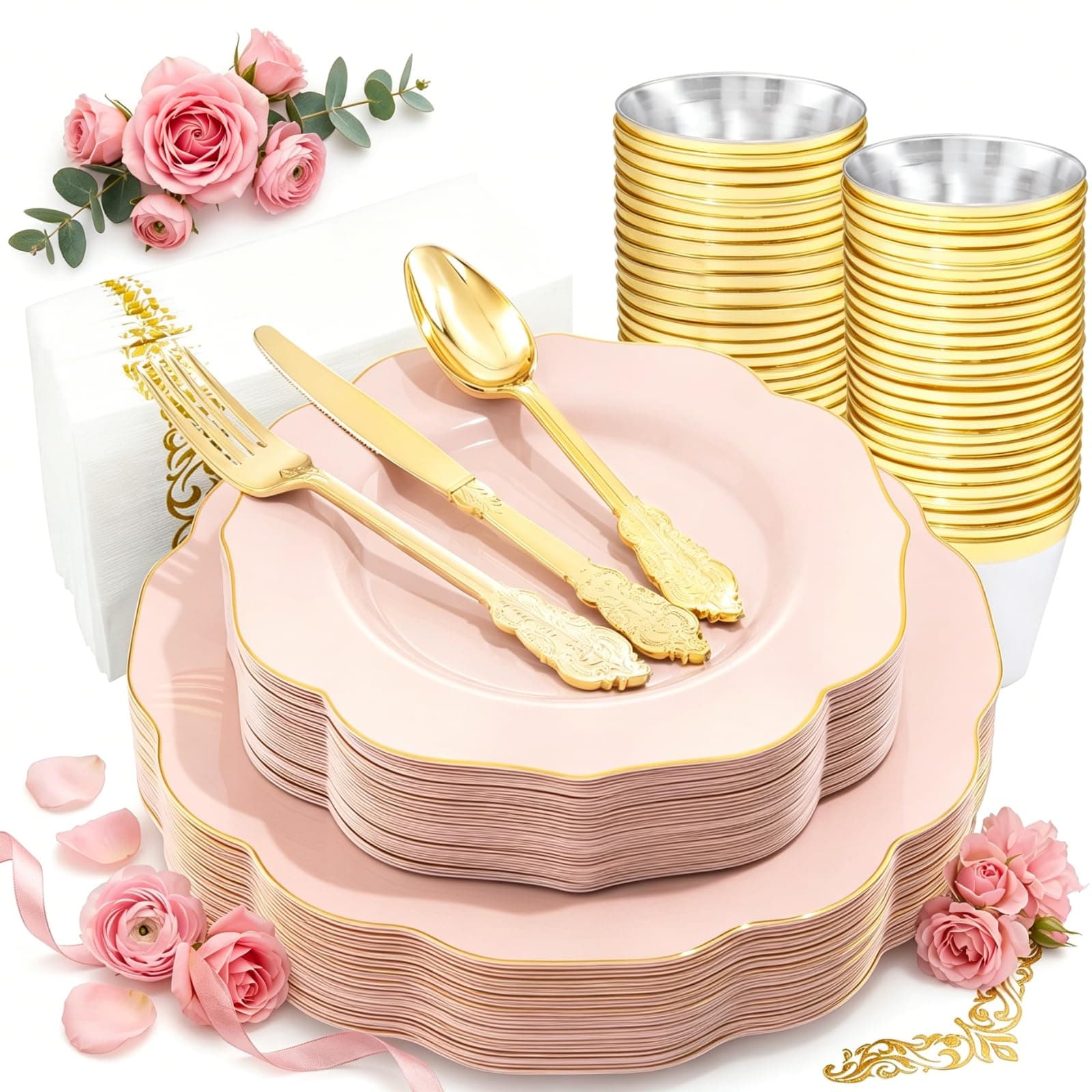 NOCCUR 175PCS Pink Plates with Gold Disposable Silverware - Include 50 Pink Plastic Plates,25 Knives,25 Forks,25 Spoons,25 Cups and 25 Napkins - Ideal for Party/Wedding/Mother's Day