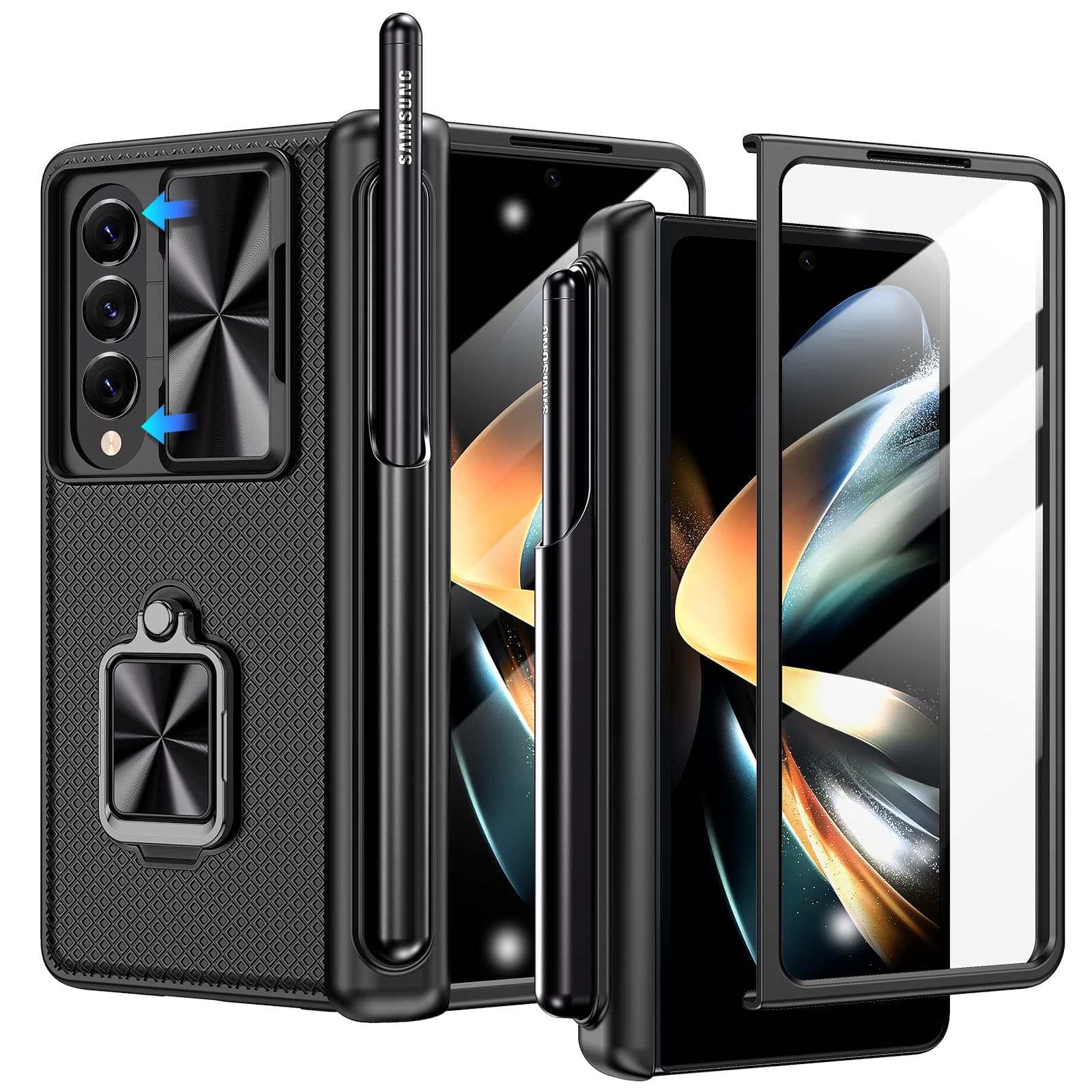 for Samsung Galaxy Z Fold 4 Case with S Pen Holder & 360° Ring Kickstand, Slide Camera Cover, Front Screen Protector, Magnetic Hinge Protection, Heavy Duty Shockproof Protective Cover (Black)