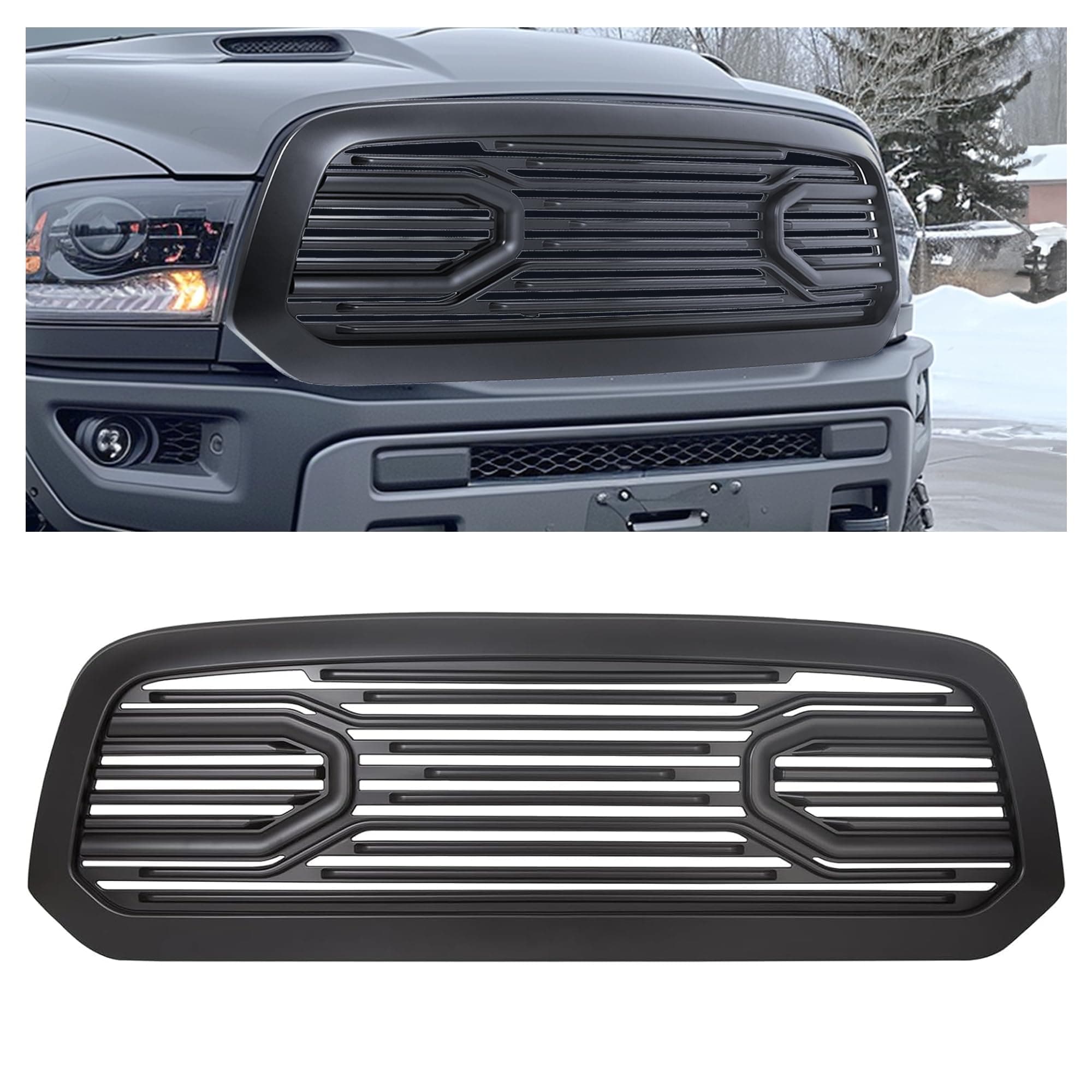 HECASA Front Big Horn Grille Compatible with 2013-2018 Dodge RAM 1500 (W/o Light) Replacement Shell Black grill