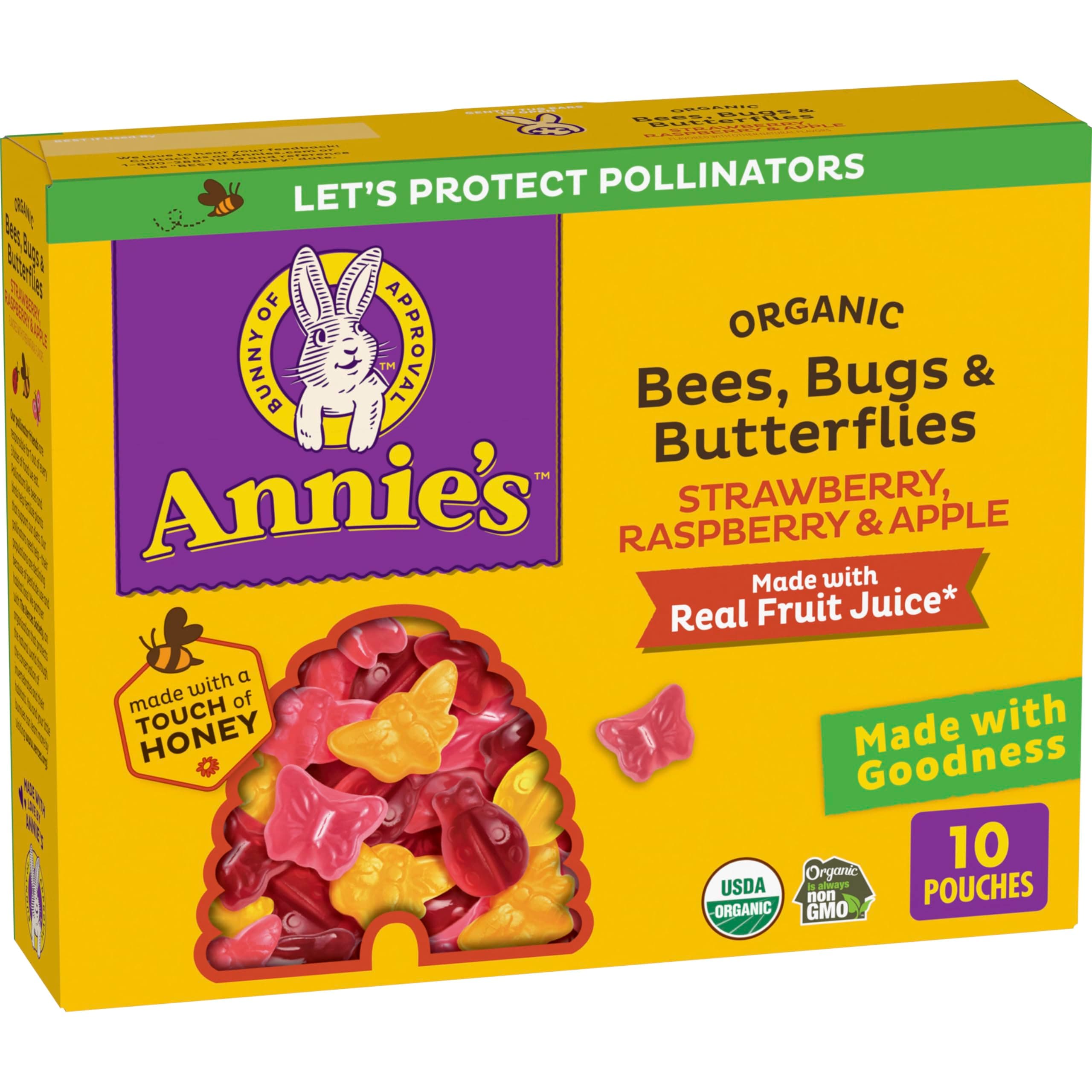 Annie's Organic Bees, Bugs, and Butterflies Fruit Flavored Snacks, Easter Basket Stuffers, 10 Pouches, 7 oz