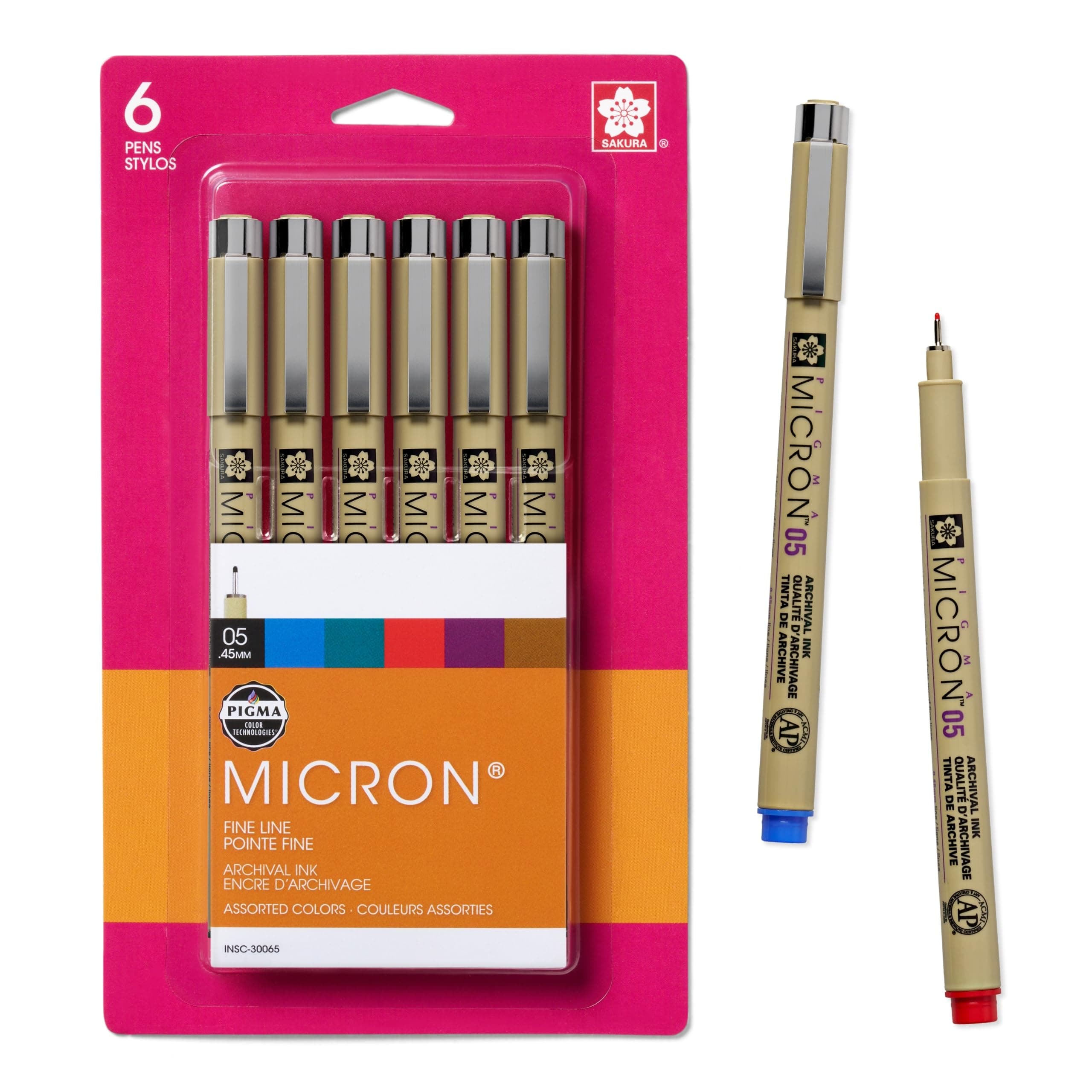 SAKURA 0.45 mm Pigma No.05 Micron Pens, Pack of 6, Black/Red/Blue/Green/Brown/Purple