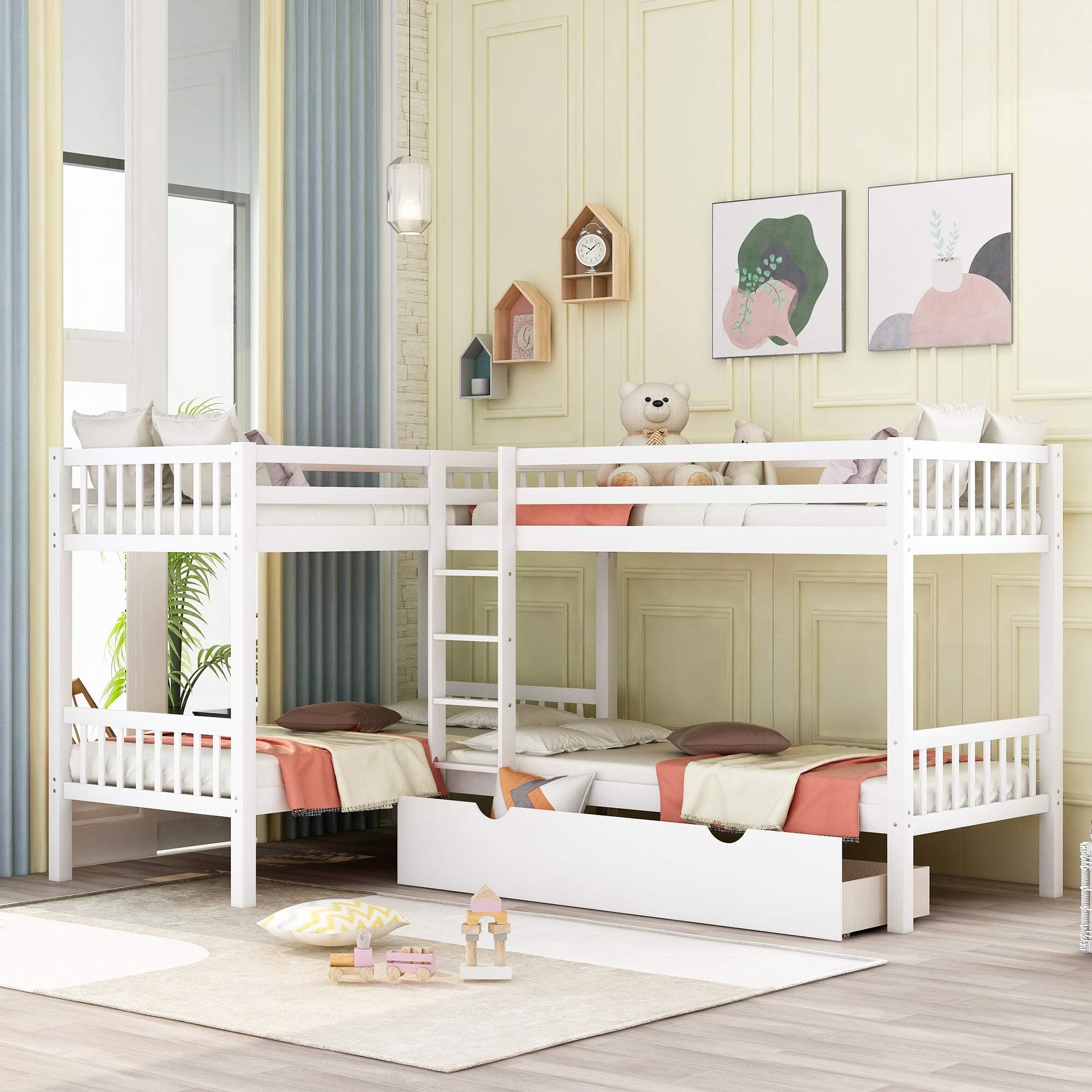 Morhome L-Shaped Bunk Bed with Drawers, Bunk Bed for 4 Twin Over Twin for Boys Girls Kids Teen Wood Quad Bunk Beds Frame