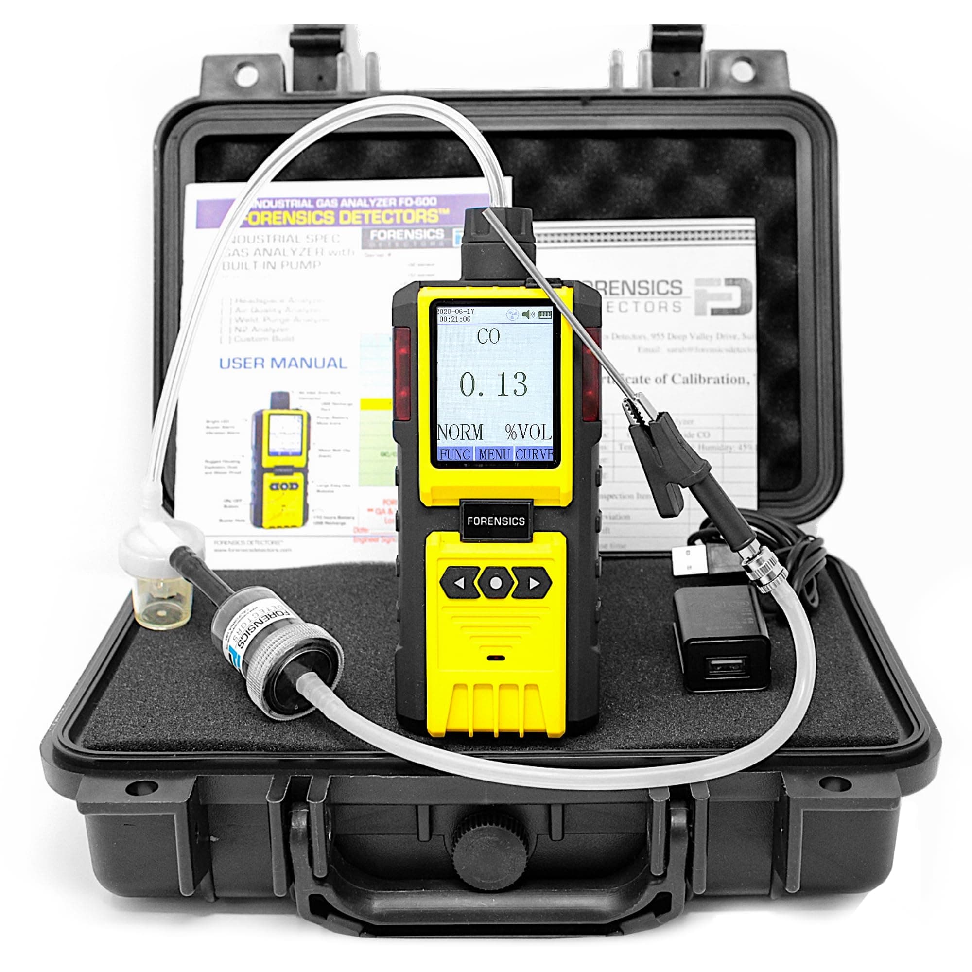 Exhaust Gas Analyzer Carbon Monoxide by Forensics Detectors | Motorcycle, Forklift, Automotive, Small Engine | USA NIST Calibration and Certificate | Probe, Water Trap and Filters | 0-2% CO |