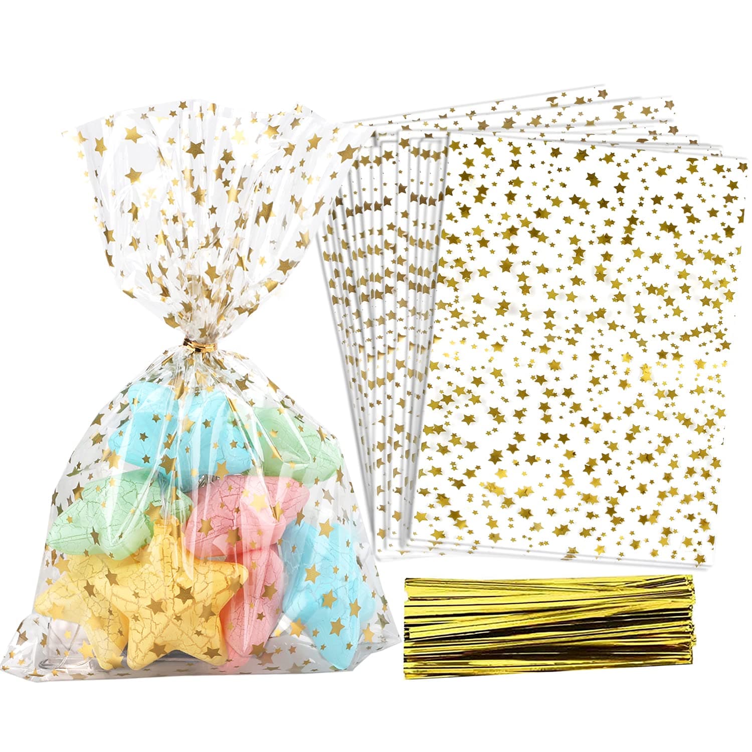 100 Pcs Star Printed 5"X 7" Gift Wrap Cello Cellophane Treat Bags Party Favor bags Clear Candy Cookie Bag Plastic Poly Goodie Storage Bag with Twist Ties for Bakery,Birthday, Wedding ,Party Decorations (Gold)