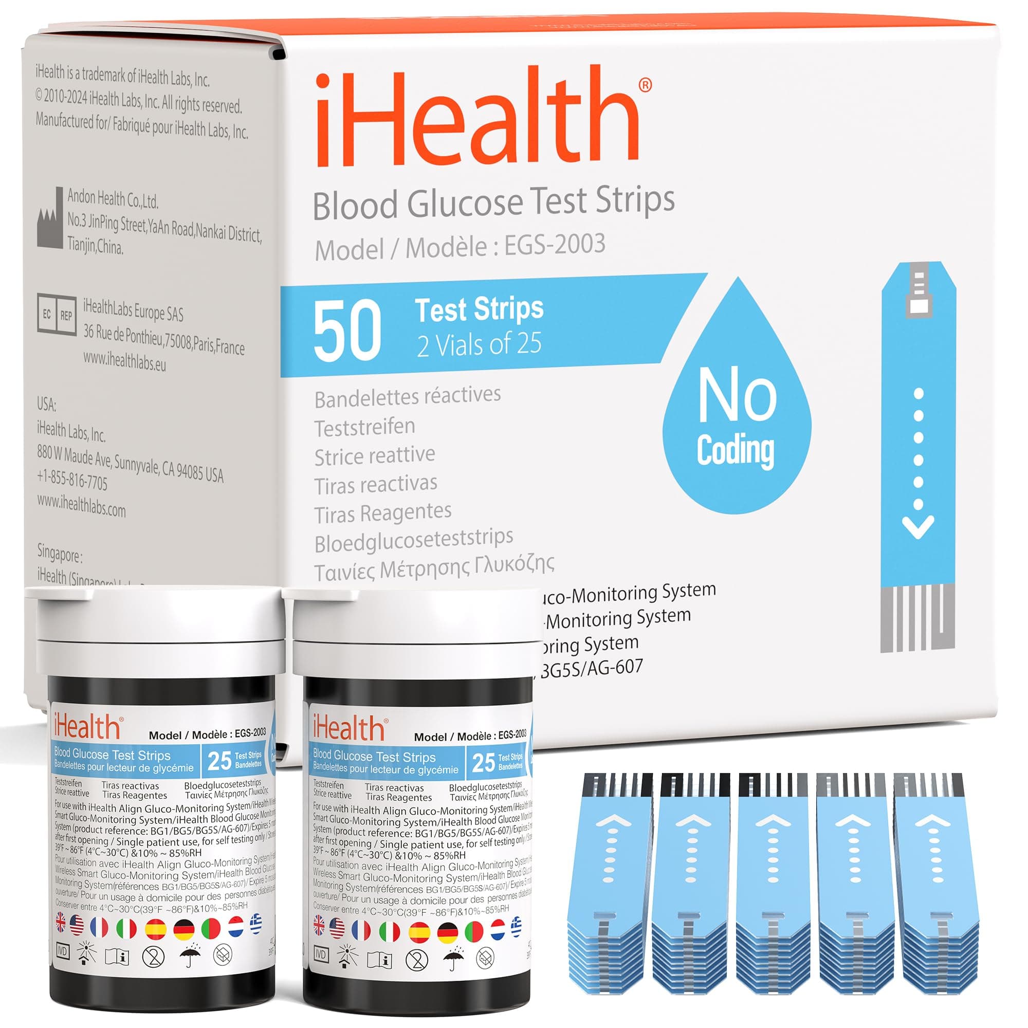 iHealth Blood Glucose Test Strips (50 Count), No Coding Blood Sugar Test, Precision Sugar Measurement for Diabetics, Strips Work Only in iHealth Glucose Meters