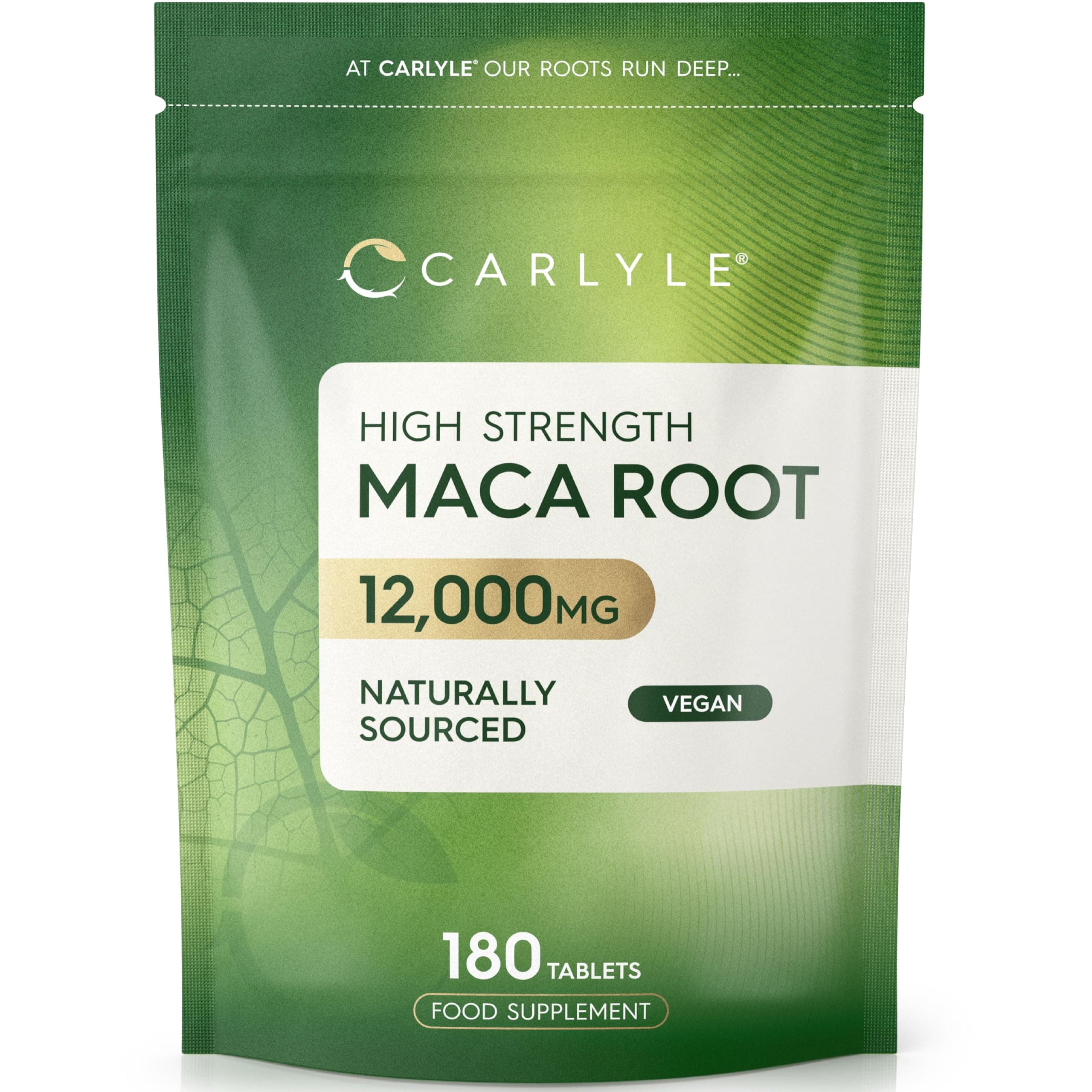 Maca Root Tablets 12,000mg | Naturally Sourced & High Strength Maca Root Extract | 180 Vegan Tablets | Supplement for Men & Women | by Carlyle