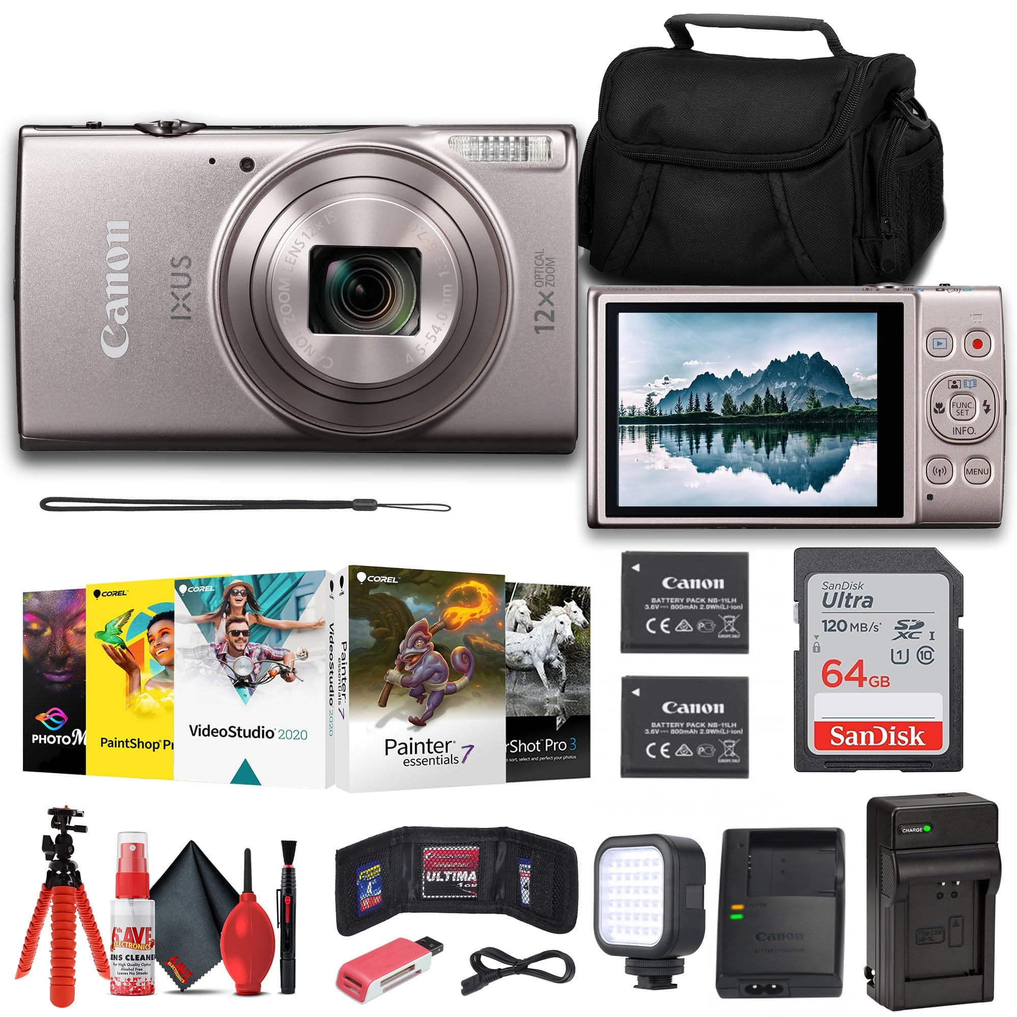 Canon PowerShot IXUS 285 HS 12X Optical Zoom Digital Camera (Silver) (1079C001) + NB11L Battery + 64GB Memory Card + Corel Photo Software + Case + Charger + LED Light + Card Reader + More