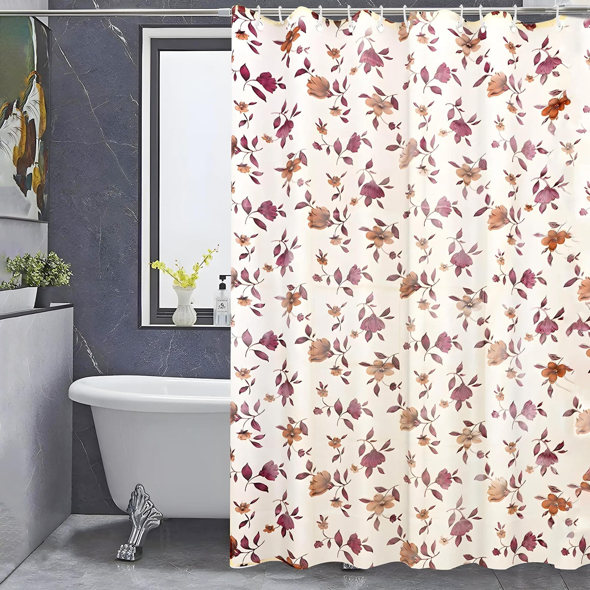 Leaf Design PVC Shower Curtain with 8 Hook|Size 7 Feet (Cream, Washable) | Light-Filtering