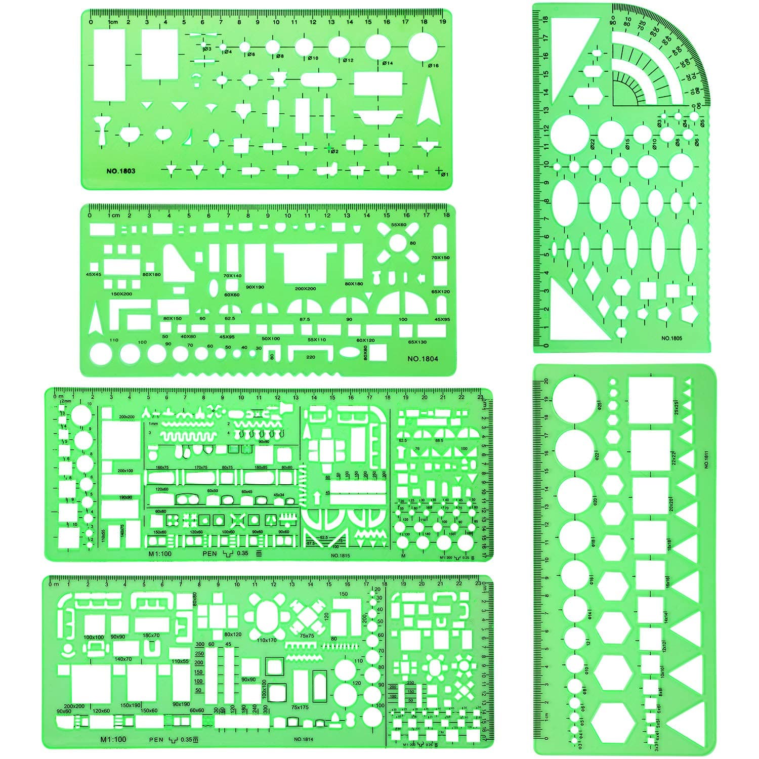 Shappy 6 Pieces Plastic Measuring Templates Building Formwork Stencils Geometric Drawing Rulers for Office and School, Clear Green