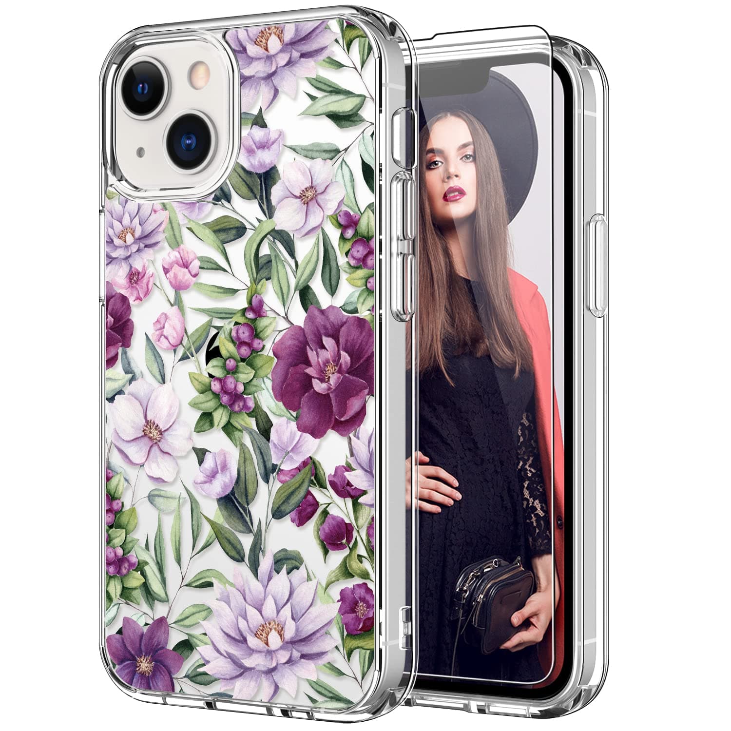 ICEDIOICEDIO iPhone IC Case with Screen Protector,Slim Fit Crystal Clear Cover with Fashion Designs for Girls Women,Durable Protective Phone Case for iPhone IC 6.1" Pink Purple Flowers