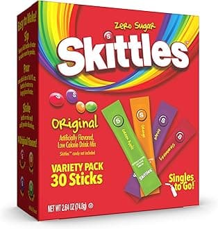 SINGLES TO GO! Skittles Go Variety Pack, Powdered Drink Mix, Zero Sugar, Low Calorie, Includes 4 Flavors: Green Apple, Strawberry, Grape, Orange, 1 Box (30 Servings)