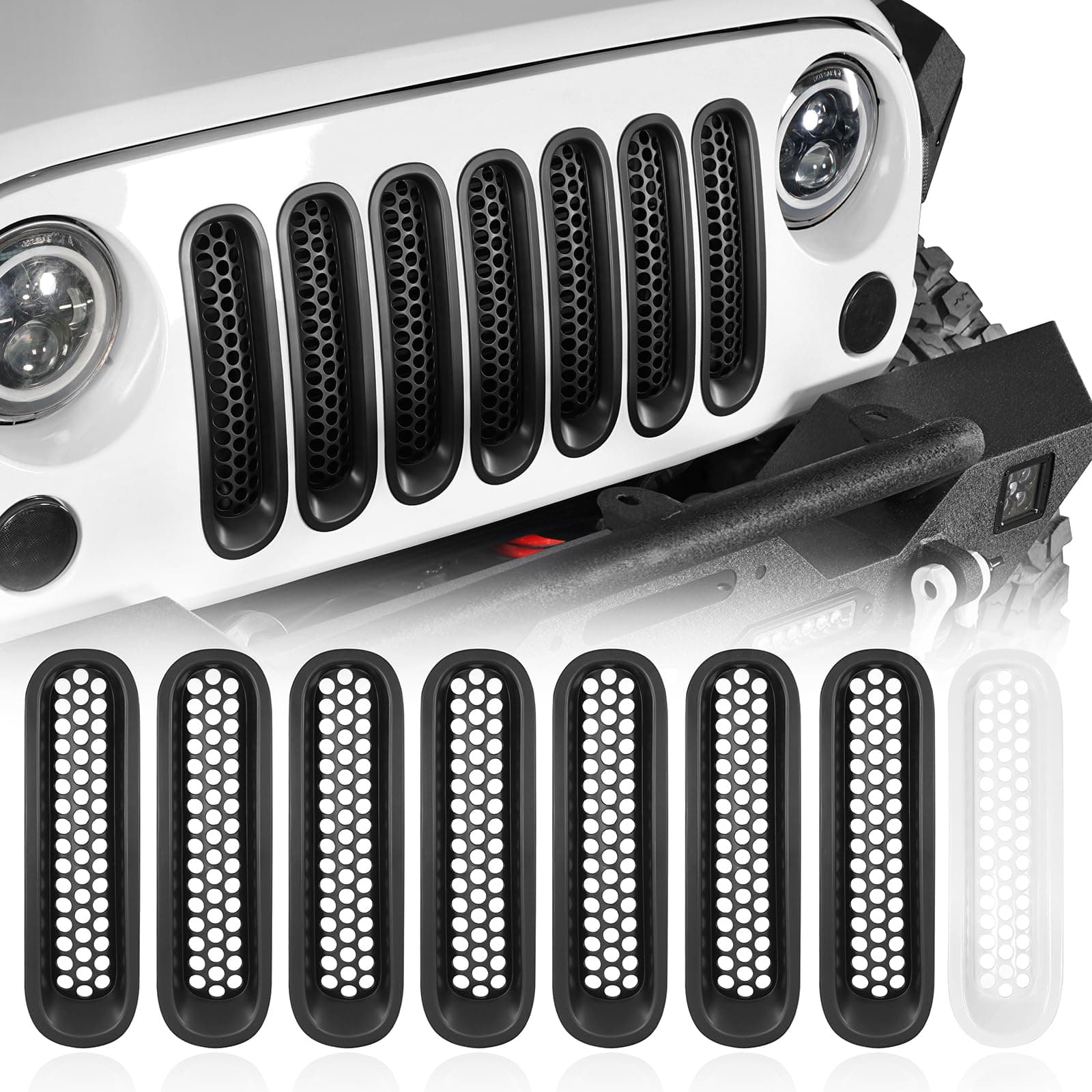 Hooke Road for Jeep Wrangler JK Grill Inserts, Matte Black Front Mesh Grille Cover Guard Clip-in for Jeep JK Wrangler & Wrangler Unlimited 2007-2018 Accessories