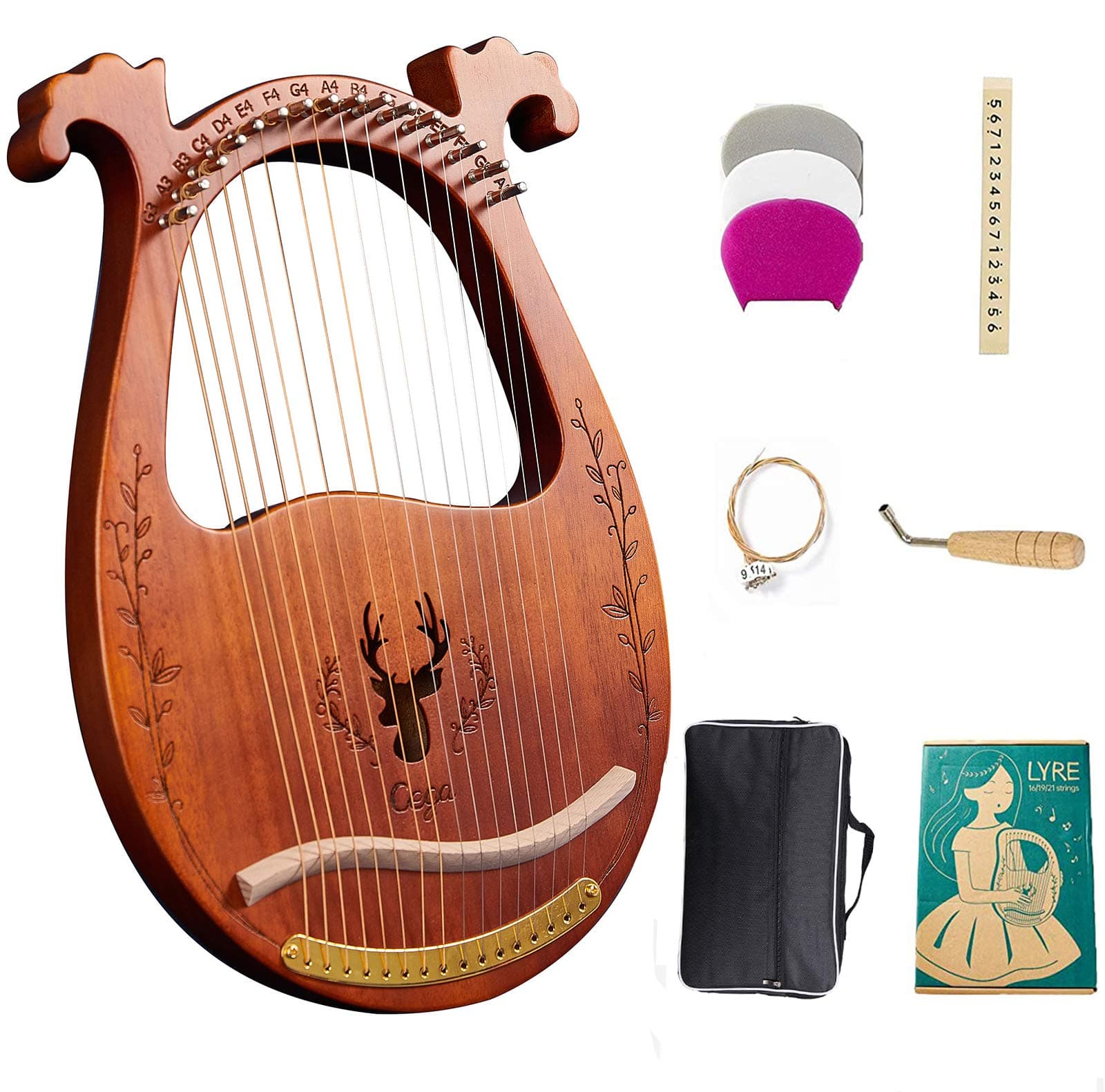 Lyre Harp, 16-String Harp Solid Wood Mahogany Lyre Harp with Tuning Wrench, Pick,Strings, Black Gig Bag and Instruction Manual for Beginners Instruments Lovers (coffee color)