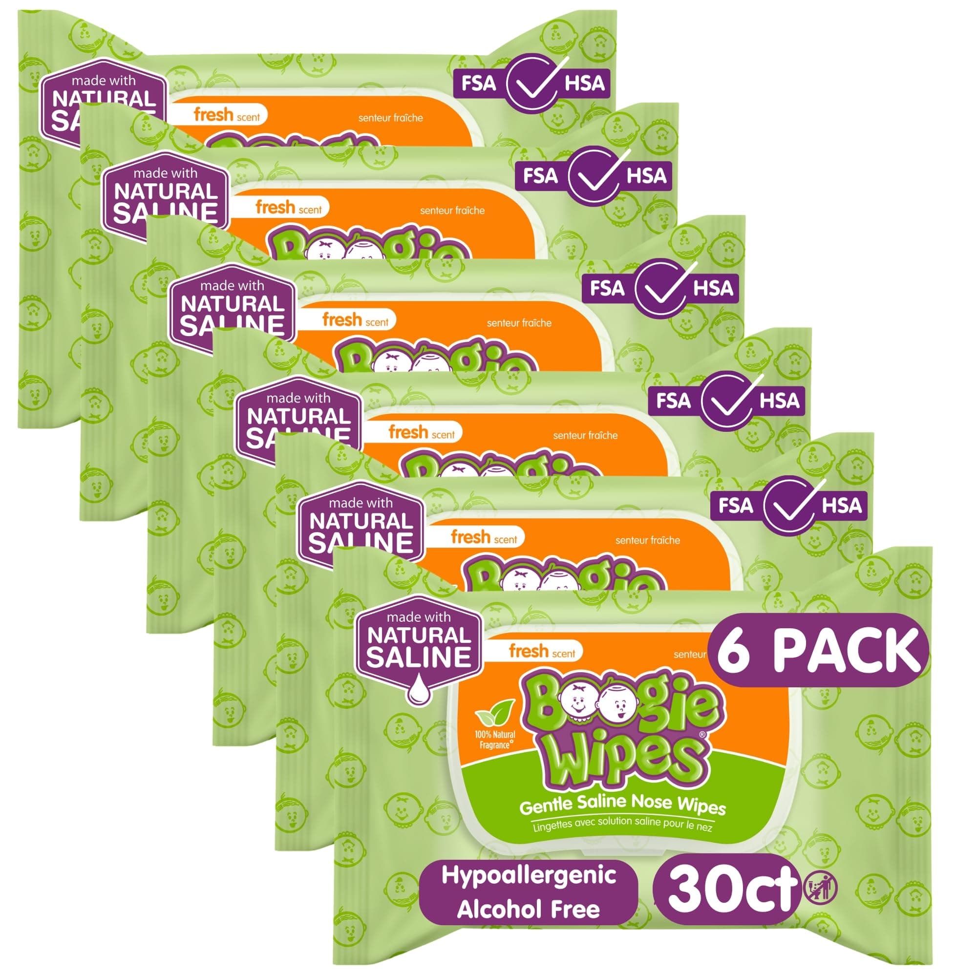 Boogie Wipes Saline Nose Wipes, Fresh Scent, 30-Count (Pack of 6)