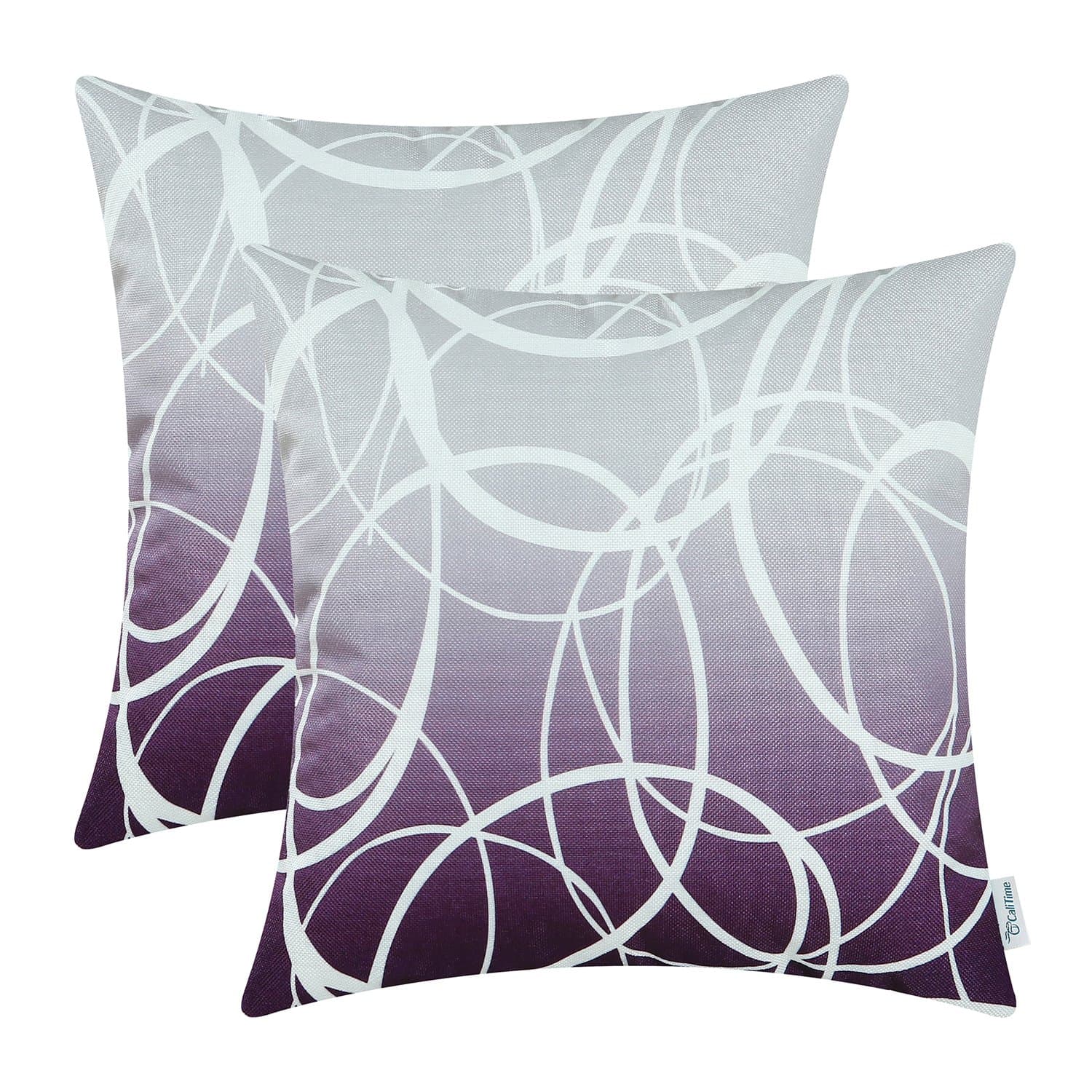 Pack of 2 Soft Canvas Throw Pillow Covers Cases for Couch Sofa Home Decor Modern Gradient Ombre Circles Rings Both Sides 18 X 18 Inches Gray to Deep Purple