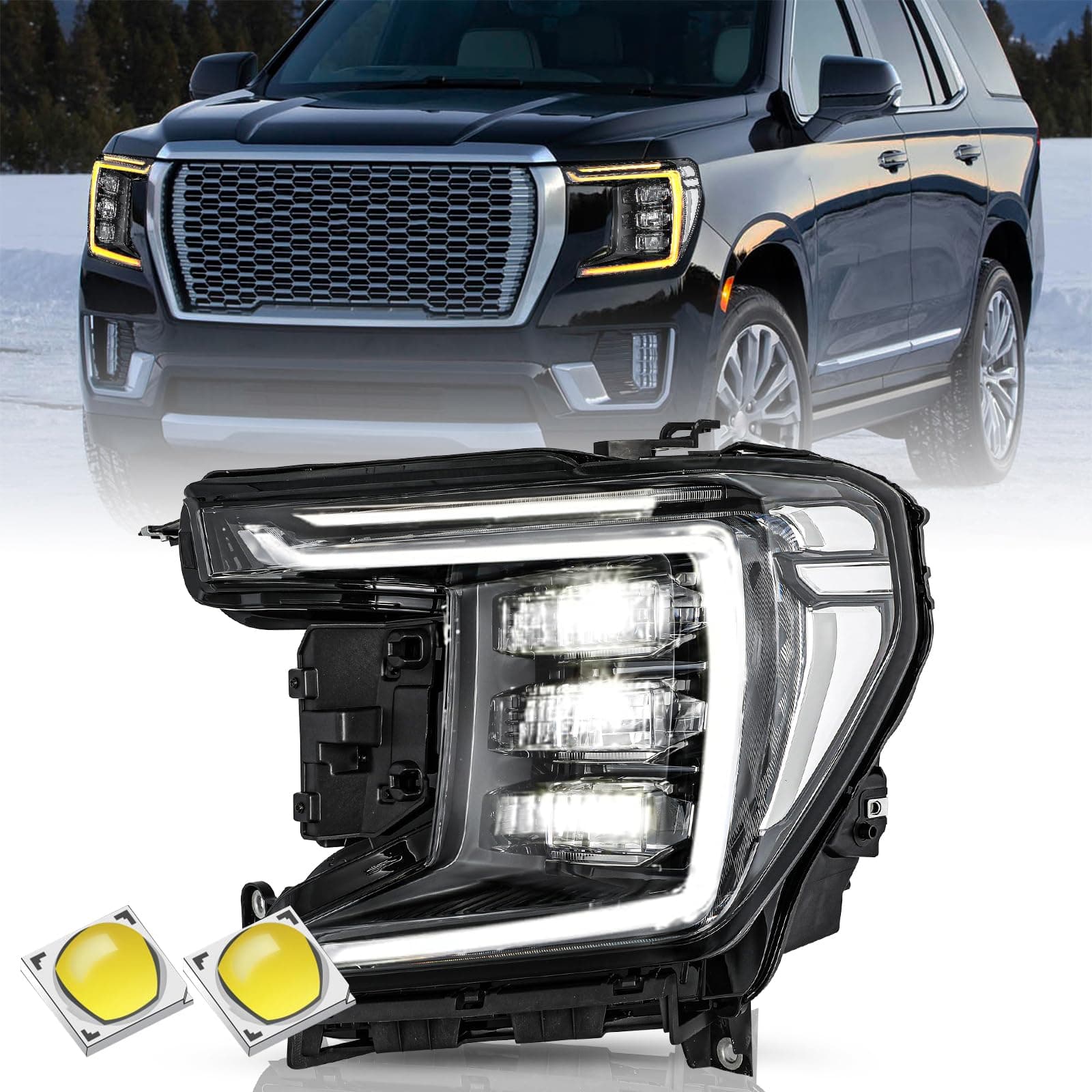 Full LED Headlight Assembly Set for 2021 2022 2023 GMC Yukon/Yukon XL DENALI/AT4 OEM Headlamp Replacement LH (Left/Driver Side)
