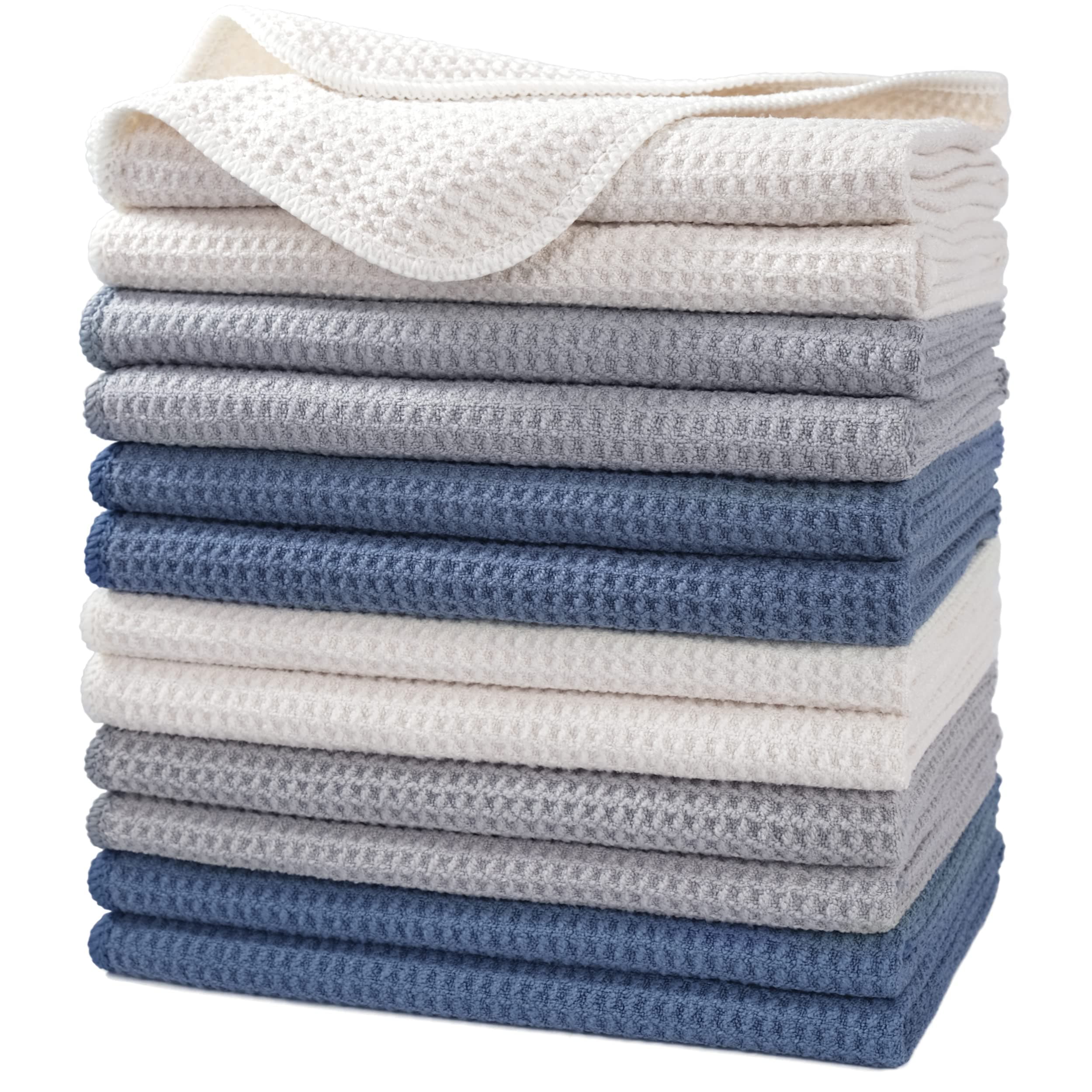 Premium Microfiber Kitchen Dish Hand Towel Waffle Weave 12 Pack (16x28 in, Dark Blue, Gray, Off White)