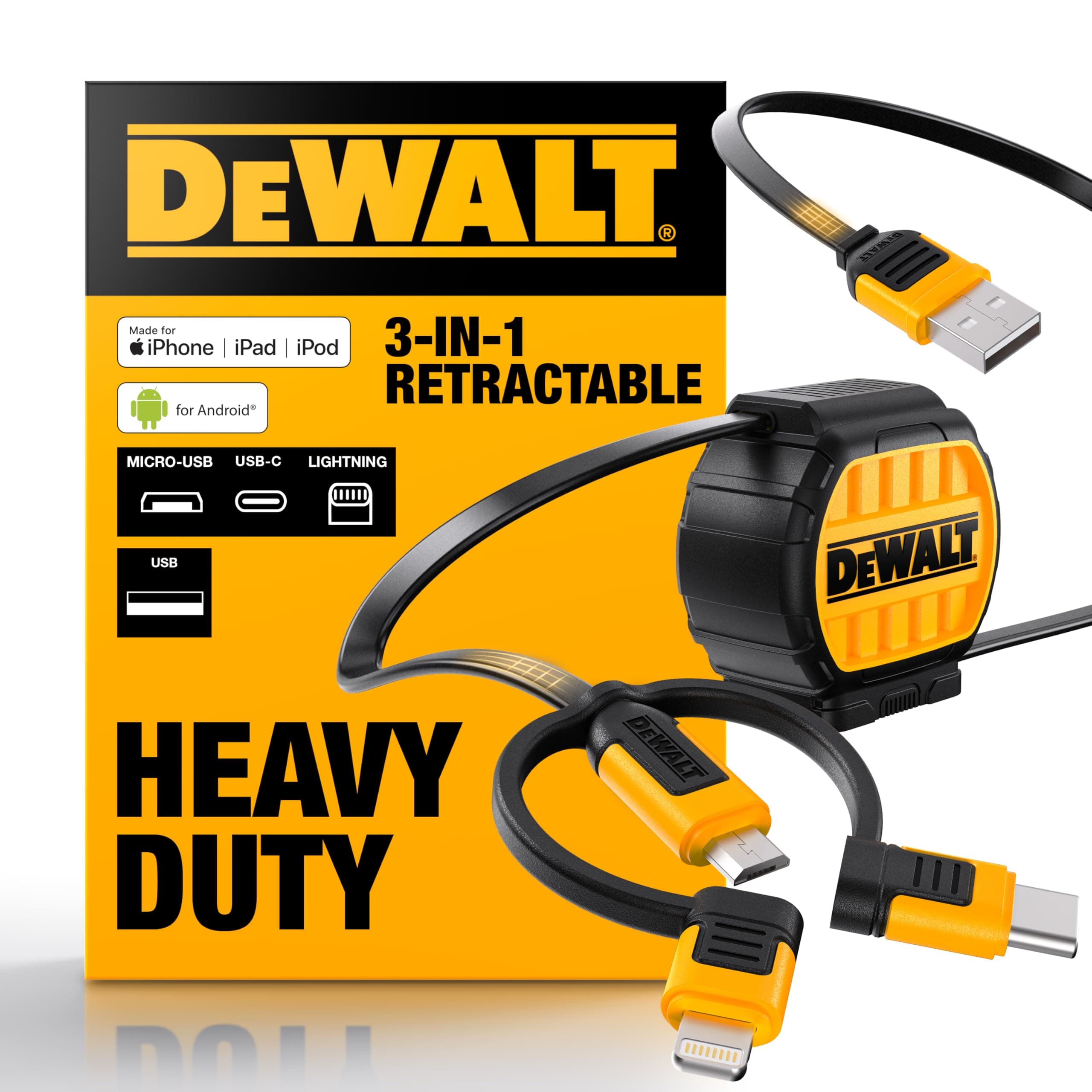 DEWALT Heavy Duty 3 in 1 Retractable Multi Charging Cord, 3ft Fast Charger Cord, Multi Charger Adapter with Lightning/Type C/Micro USB Port for iPhones/Samsung Galaxy/PS/Tablets/More