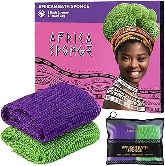 African Net Sponge Authentic -2 Pieces Exfoliating BodyScrubber Bath Sponge -Back Scrubber Washcloth forShower with Travel Bag -Real African Scrub ExfoliatorBody Care Bathing Accessorie