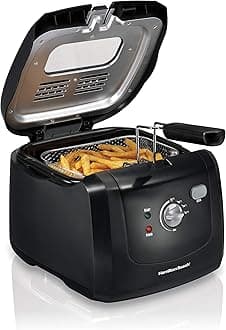 Hamilton Beach Cool Touch Electric Deep Fryer with Basket and Lid, 2 Liters / 8 Cups Oil Capacity, Adjustable Temperature, 1500 Watts for Fast Heat-up, viewing Window Easy to Clean, Black (35021)