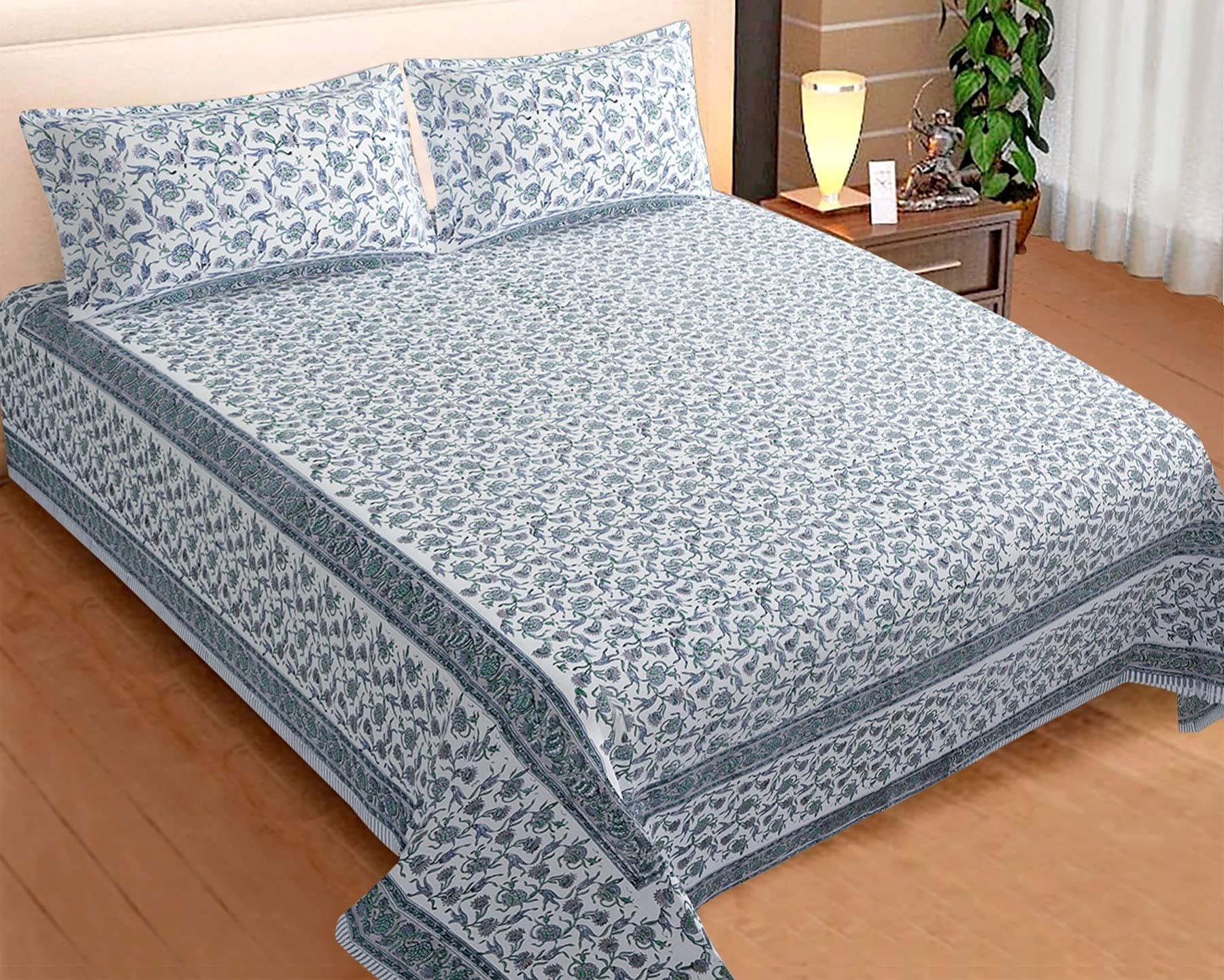 Jaipuri kala king size bed sheet with 2 pillow covers in handmade block printed 100% indian cotton in jaipuri patter (King Size-(90 X 108) Inch)
