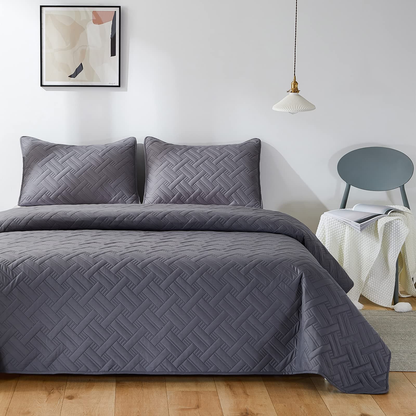 beeweed Quilt Set Super King Size 3 Pieces, Lightweight Microfiber Basket Pattern Bedspreads for All Season, Grey Soft Summer Coverlet Set with Ultrasonic Quilting Technology
