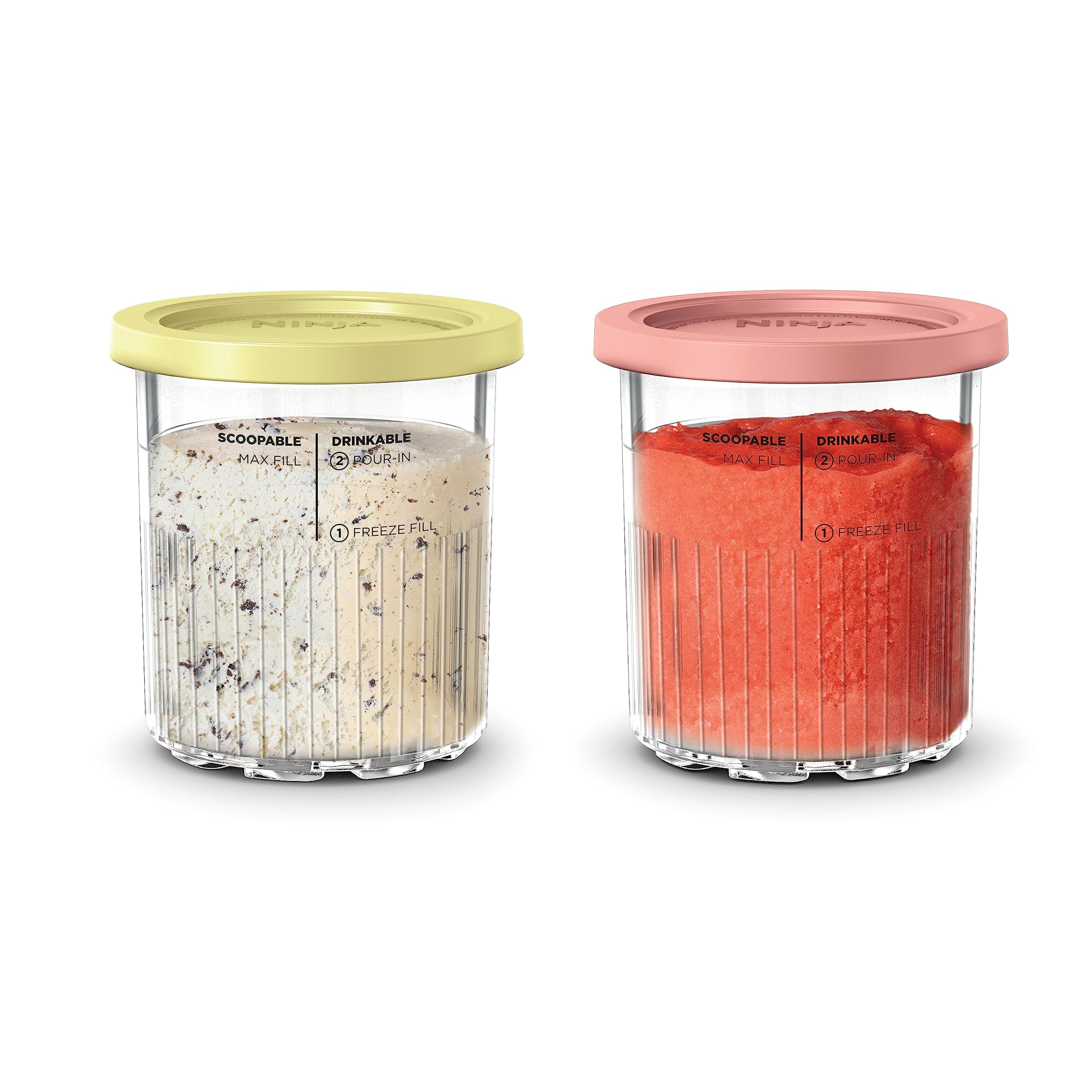 Creami Deluxe Pints 2 Pack, Compatible with NC500 Series Creami Deluxe Ice Cream Makers, Genuine Ninja Pint, BPA-Free & Dishwasher Safe, Color Lids, 1 Pint Each, Clear/Coral/Yellow, XSKPNTLD2