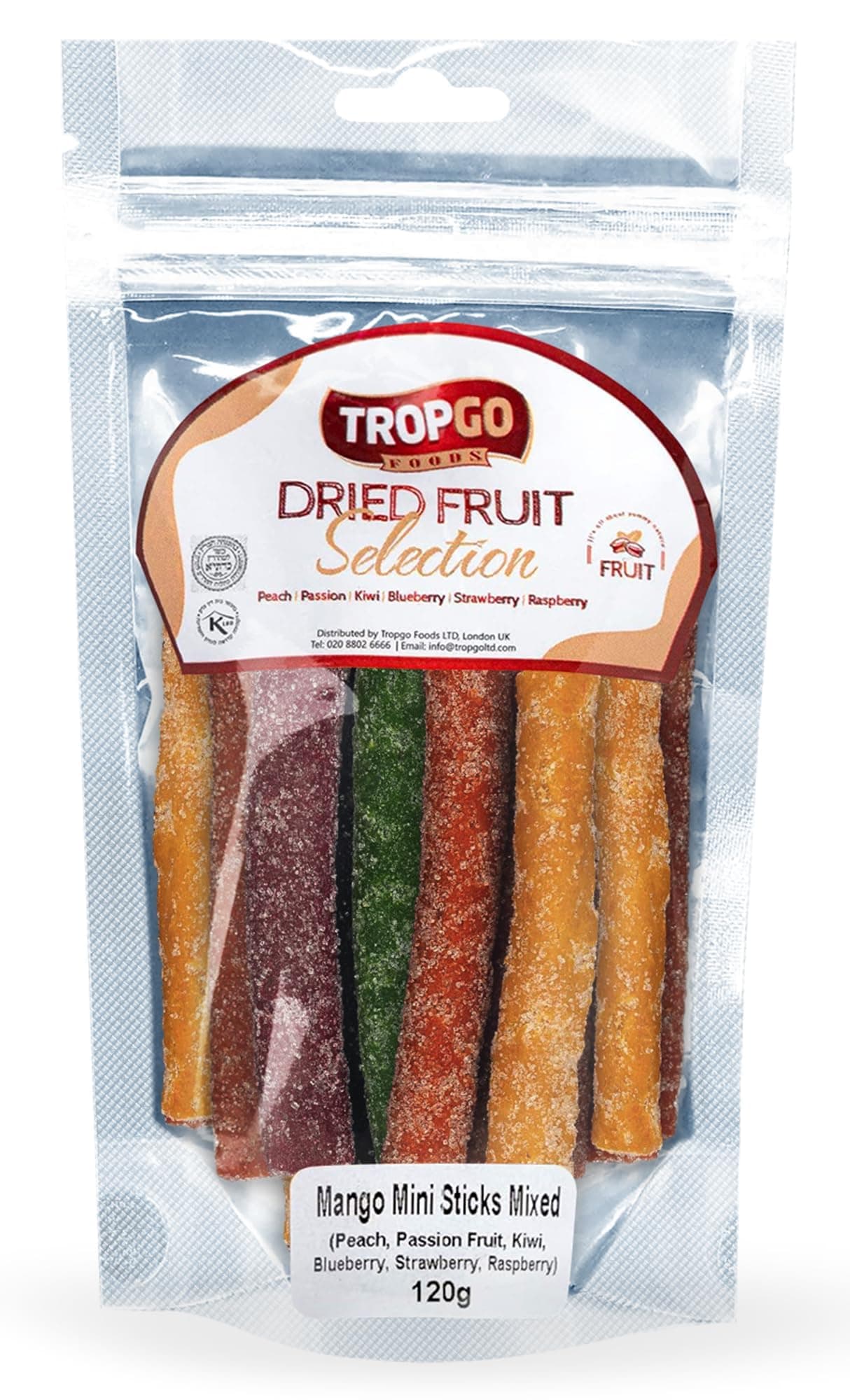 Dried Fruit Bites – Mini Mango Sticks with Mixed Fruit Flavours: Peach, Passion, Kiwi, Blueberry, Strawberry and Raspberry – Flavoured Snack in Pouch