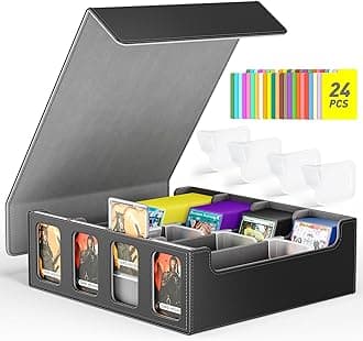 Flooyes Card Storage Box with 4 Card Supports, 3200+ MTG Deck Box with 24 Colorful Dividers, Commander Trading Card Storage Box with Viewing Windows, Gray