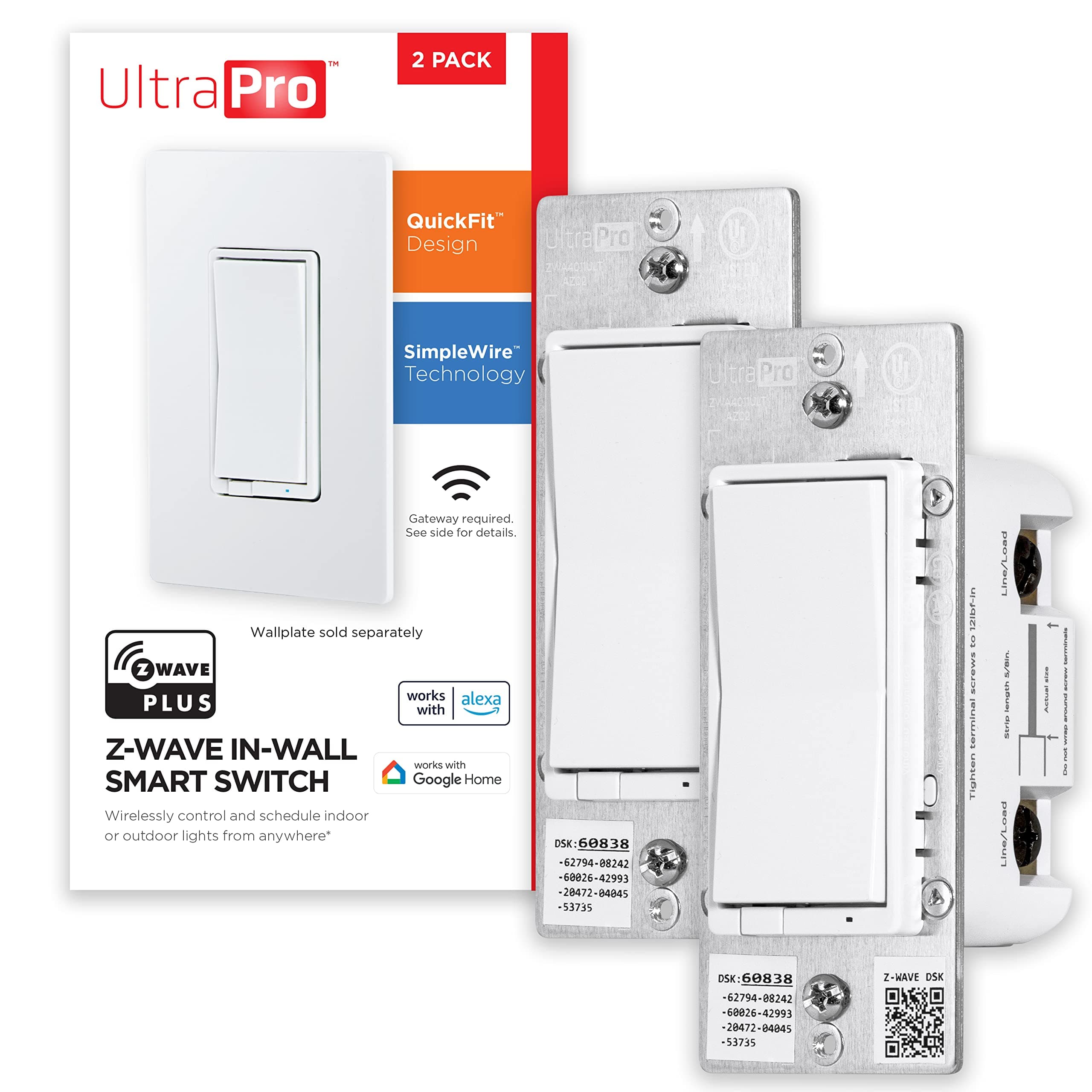 UltraPro700 Series Z-Wave In-Wall Smart Light Switch with QuickFit™ and SimpleWire™, White Paddle, Works with Google Assistant, Alexa, & SmartThings, Z-Wave Hub Required, Smart Home, 2 Pack, 59370