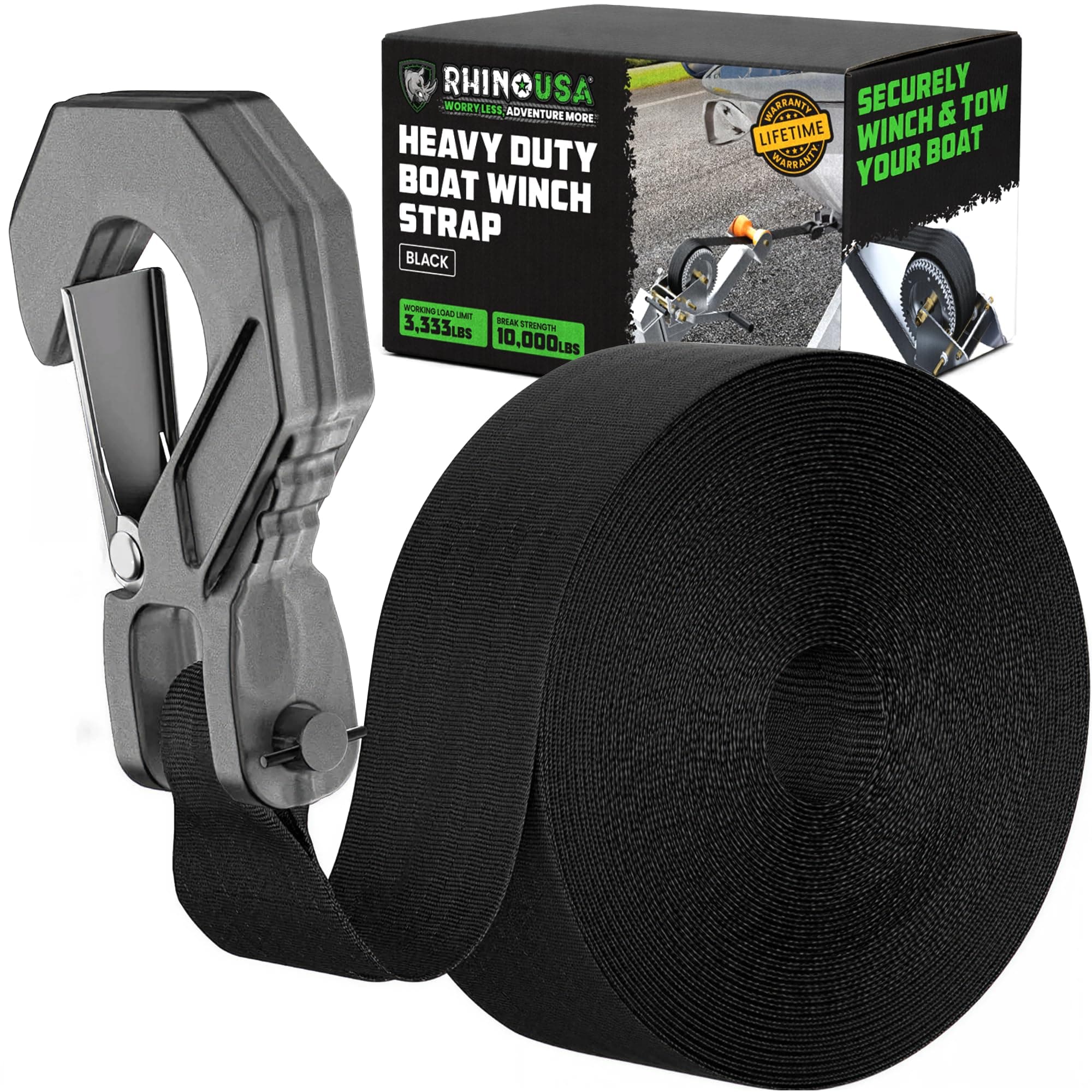 Rhino USA Boat Winch Strap with Hook (2" x 20') - 10,000lb Break Strength - Ultimate Replacement Boat Trailer Winch Straps with Safety Hook - Compatible with Pontoon, Jet Ski, Fishing Boat & More!