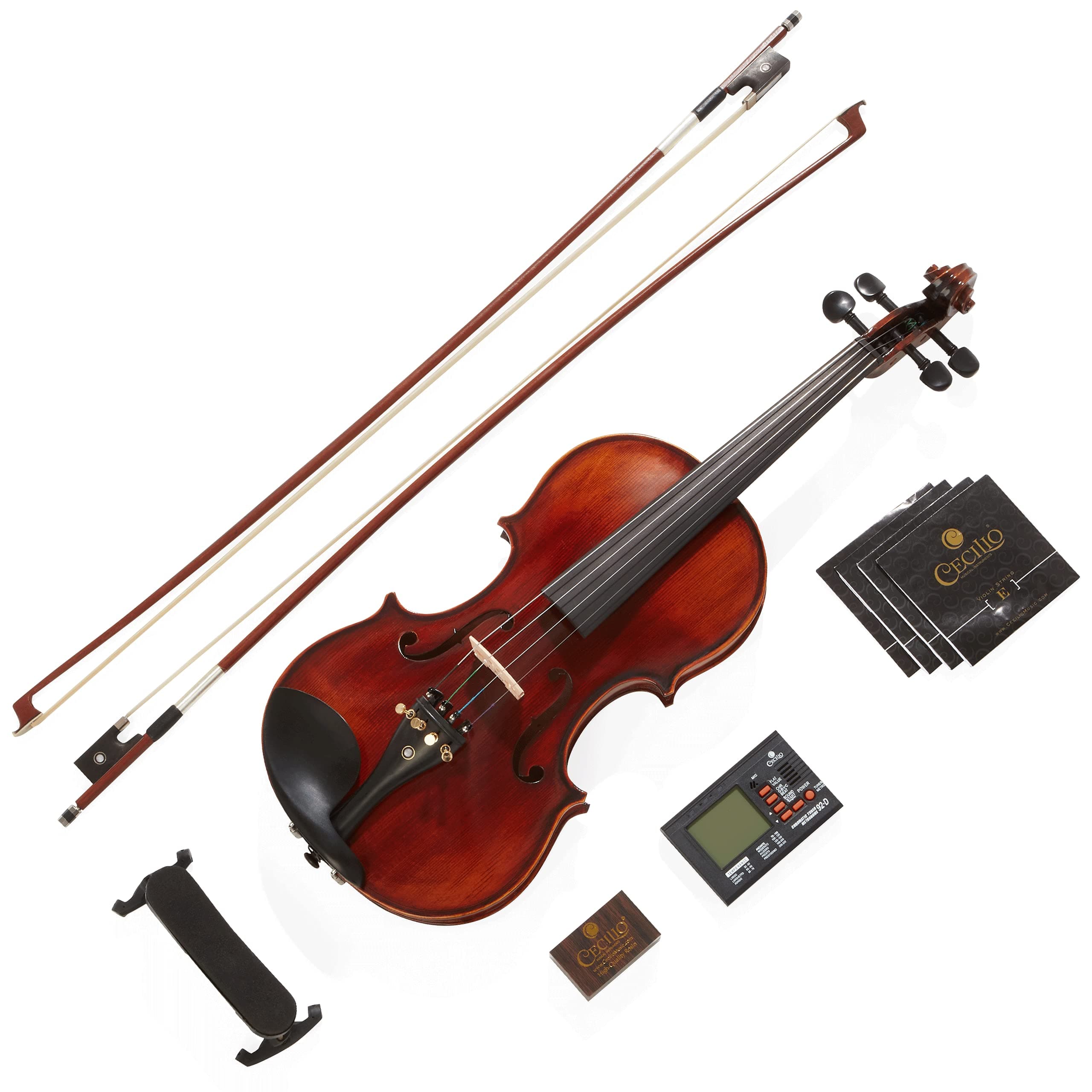 Mendini By Cecilio Violin - MV500+92D - Size 1/2, Black Solid Wood - Flamed, 1-Piece Violins w/Case, Tuner, Shoulder Rest, Bow, Rosin, Bridge & Strings - Adult, Kids, Pearl (Renewed)