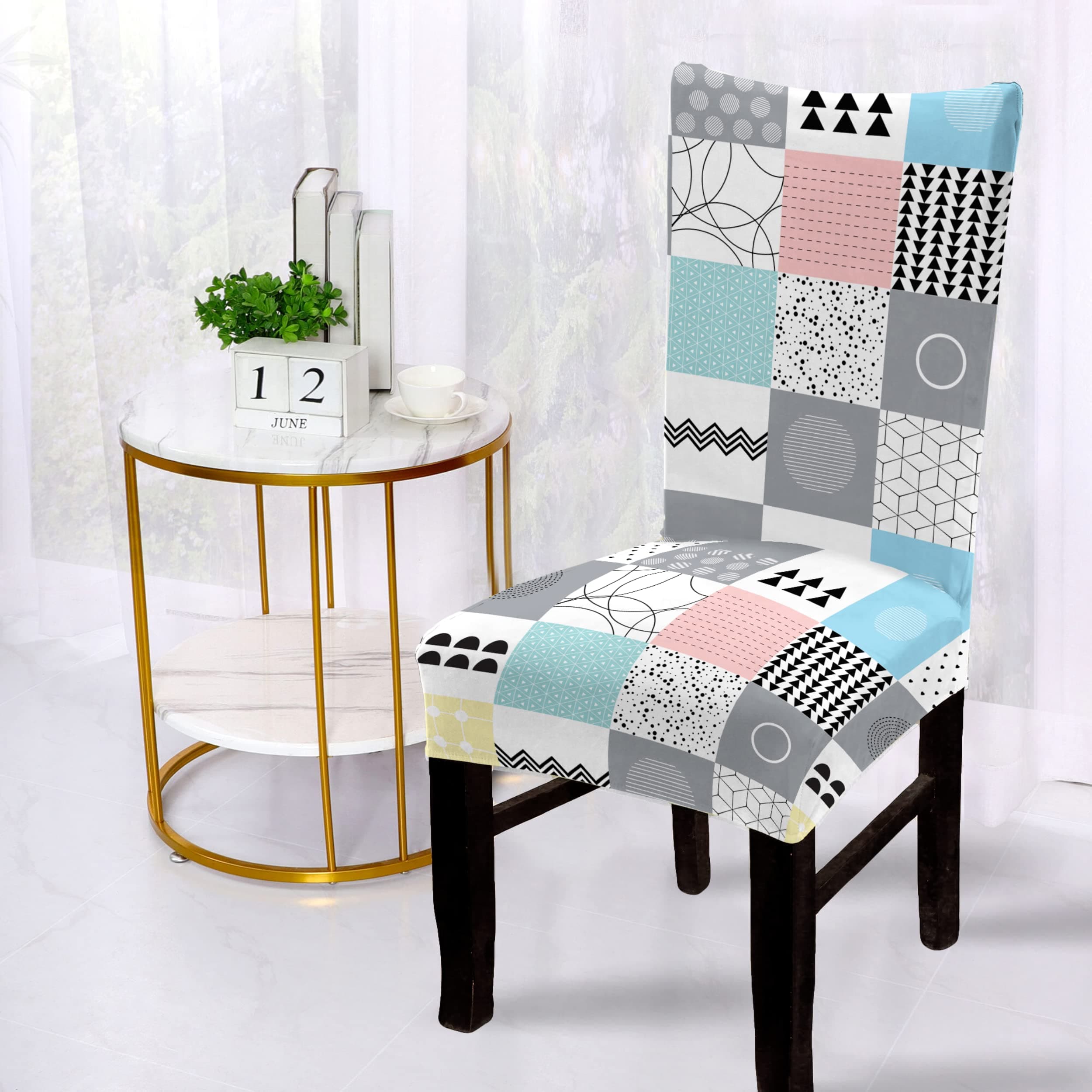BRIDA® Polyester Spandex Stretchable Floral Geometric Printed Dining Chair Covers Elastic Chair Seat Case Protector, Slipcovers (1 Chair Cover, Quilt Square)
