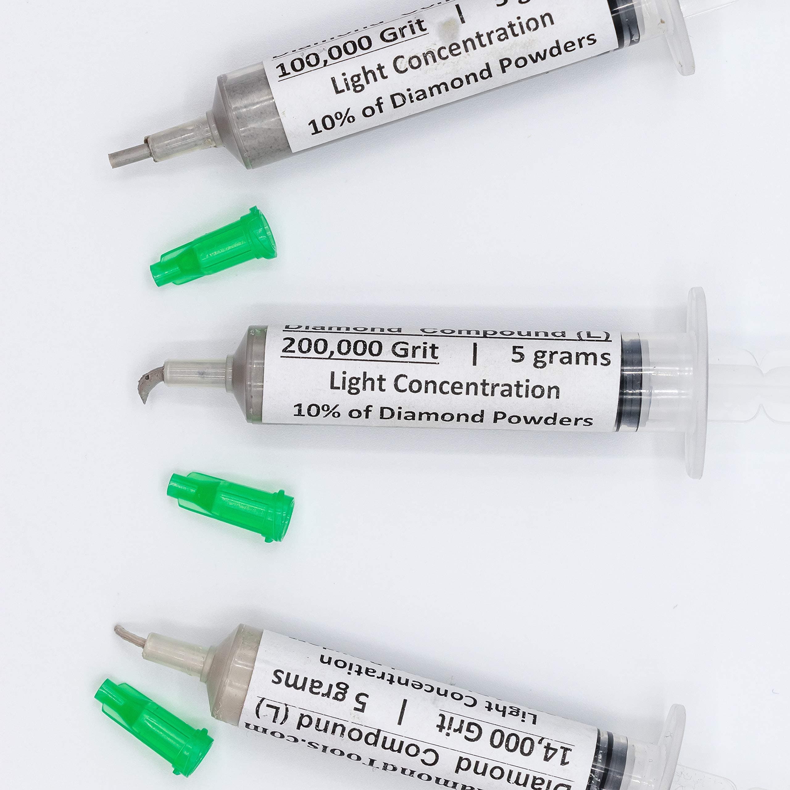 TechDiamondTools Diamond Polishing Paste Set of 3 Syringes X 5 Grams (L), Polishing Lapping Compound, Sizes 14000 100000 200000 Grit, Mesh - With Light(10%) Concentration of Diamond Powders