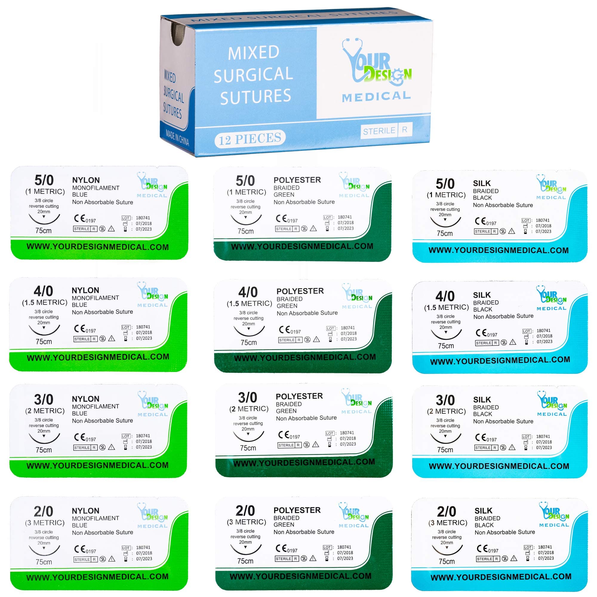 12 Pack of Mixed Sutures (2, 3, 4 & 5-0) in Nylon, Silk and Prolene