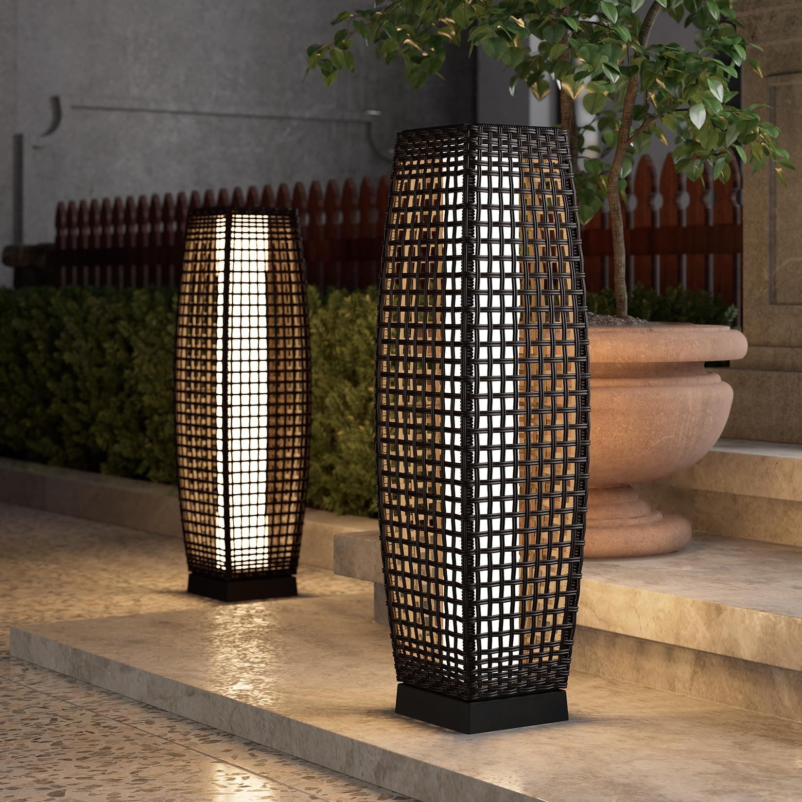 グランドパティオ ソーラー アウトドア フロアランプ ソーラーパワーランタン 防水 籐デッキライト ガーデンポーチデッキ用 大型 富士 2個 ダークブラウン