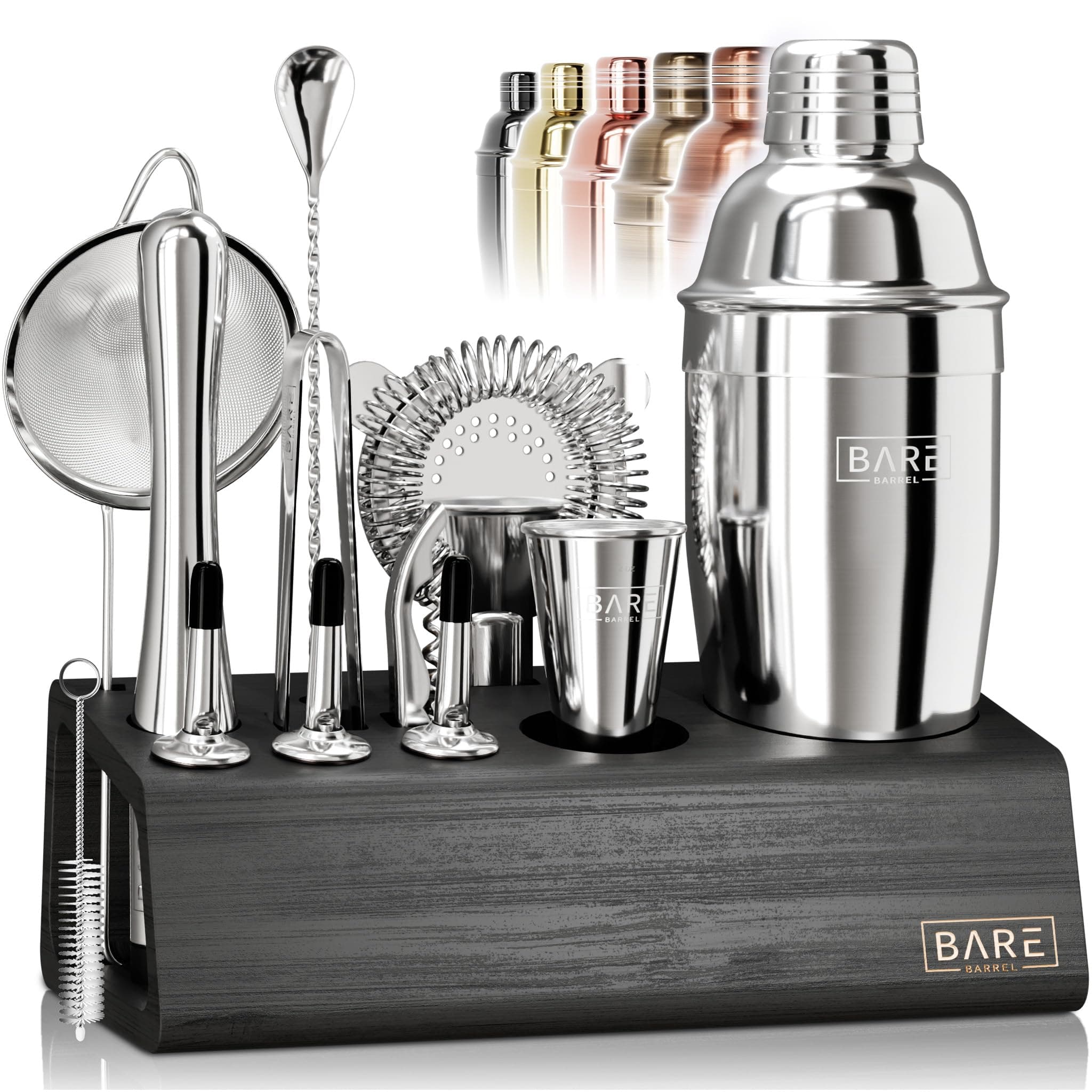 BARE BARREL® Mixology Bartender Kit Bar Set | 14-Piece Cocktail Shaker Set | Martini Barware Mixing Tools for Home Bartending | Incl. 35 Recipe Cards | Gift Set (24oz Cobbler Shaker, Silver/Black)