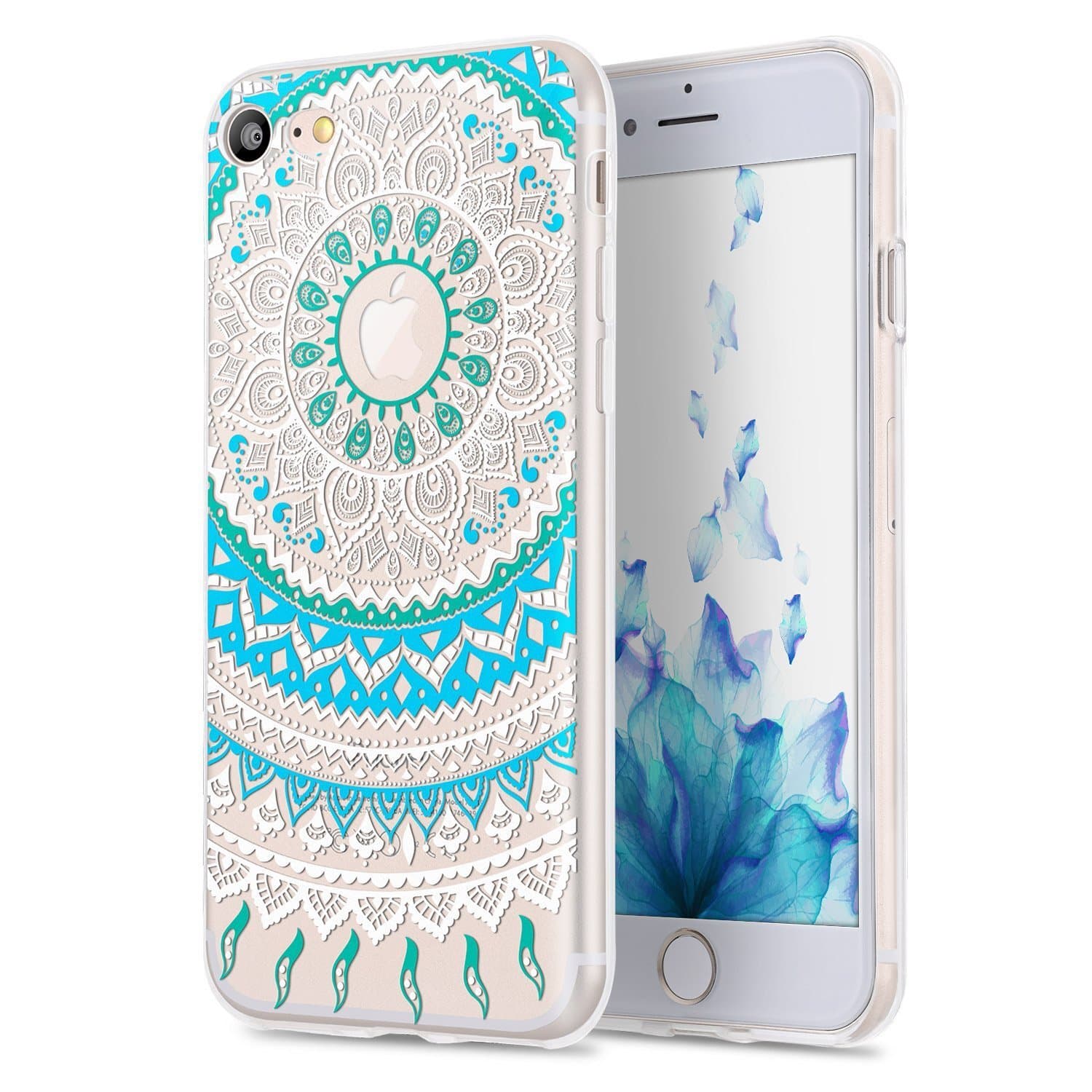 TYJTECH iPhone 7 Case Clear TPU Gel Cover with Mandala Floral Designer Shell Case Ultra-Slim Shock-Absorption Bumper Flowers Printed Thin Cute Design Vintage Style for Girly Girls Women Apple iPhone
