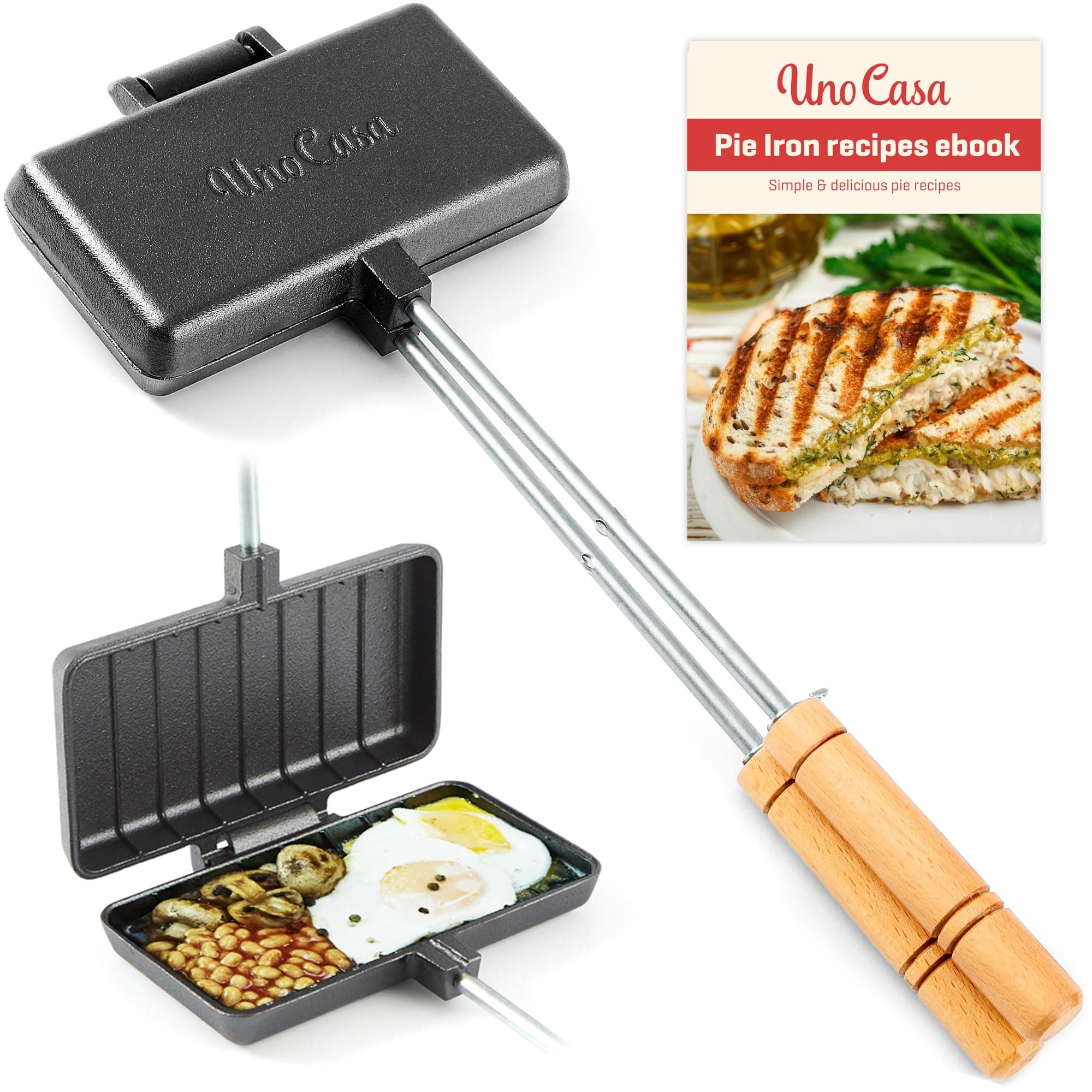 Uno Casa - XL Pie Irons Cast Iron Sandwich Maker - Mountain Japanese Sandwich Maker with Recipe Book - Durable Campfire Cooking Equipment for Toasted Pies, and More