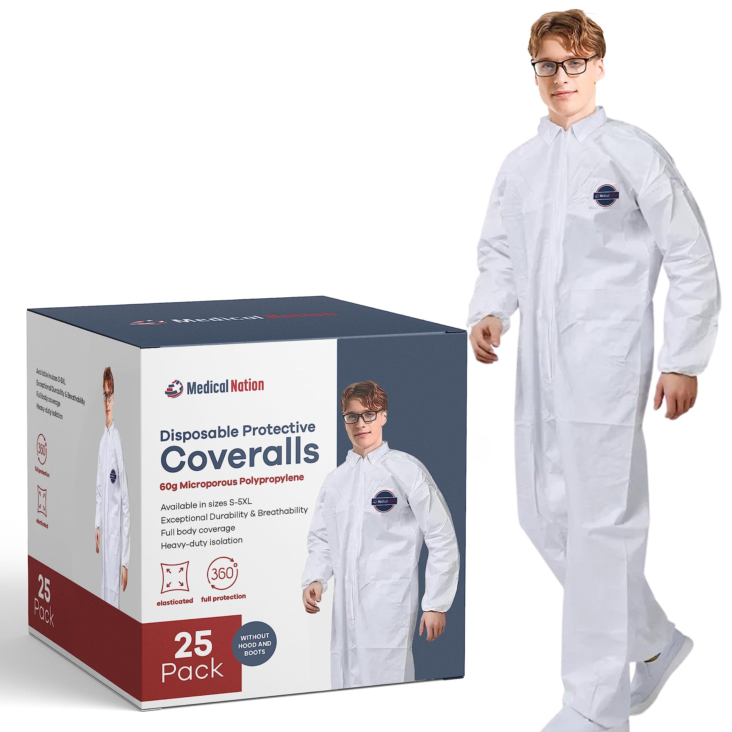 Medical Nation Hazmat Suits Disposable | 25 Pack, Extra Large | Non-Hooded Protective Coveralls - Heavy Duty Full Body Painters Suit for Men & Women Without Hood - Breathable & Water Resistant - XL
