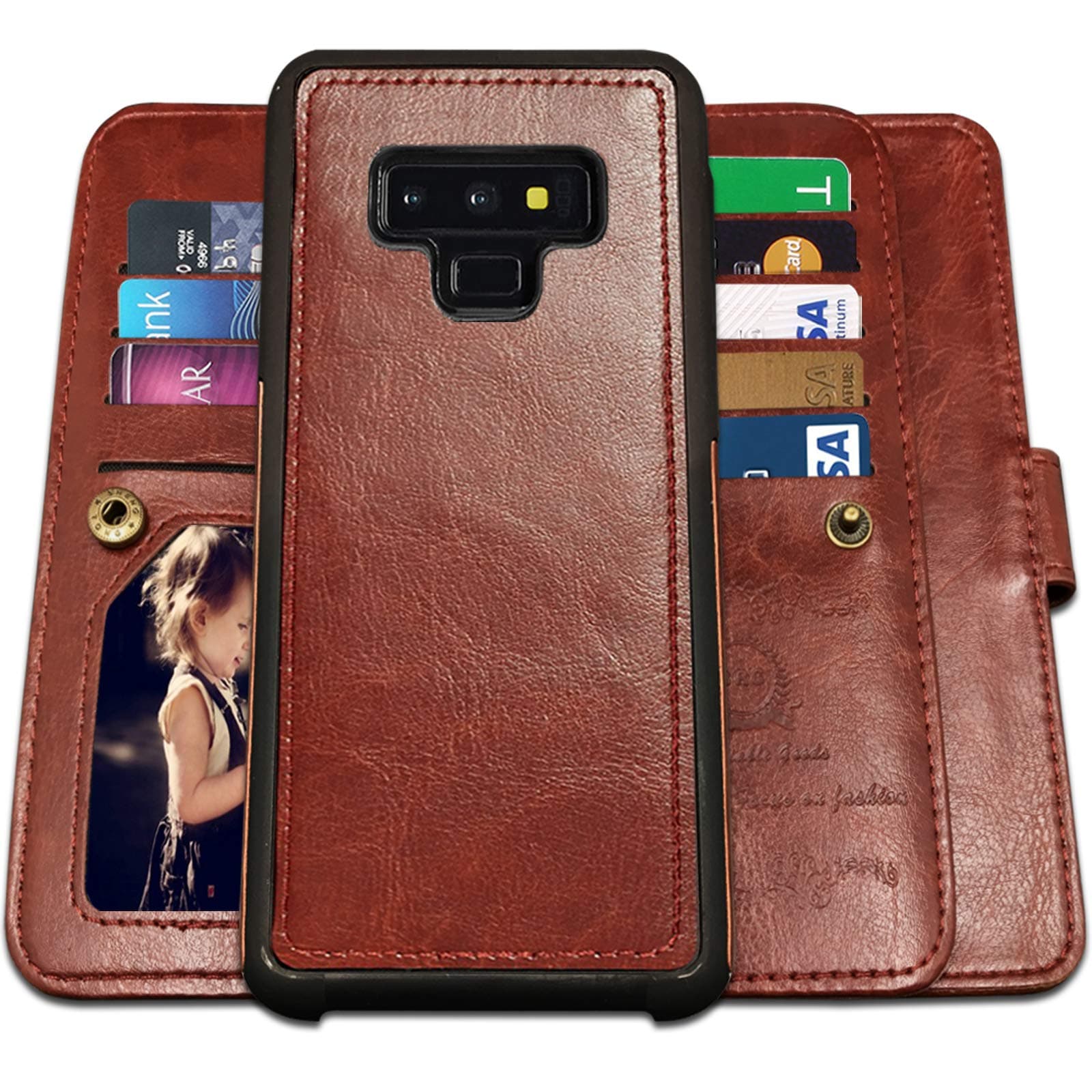 Galaxy Note 9 Cases, Magnetic Detachable Lanyard Wallet Case with 9 Card Slots, Kickstand, Hnad Strap for Galaxy Note 9, CASEOWL 2 in 1 Folio Flip Premium Leather Removable TPU Case(Brown)