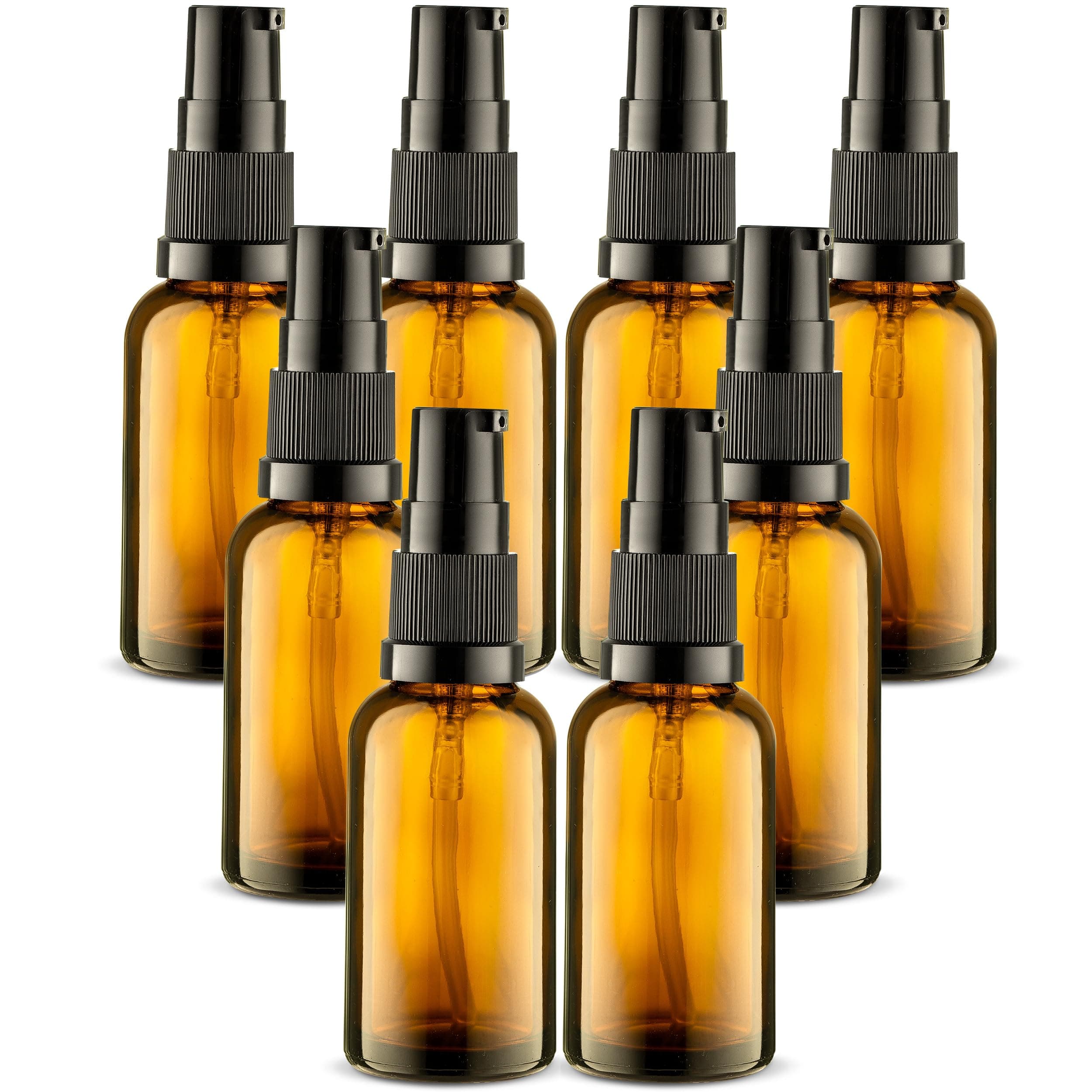 VitalUp8 Pack Empty Refillable Glass Amber Pump Bottle Ideal for Lotion Cream Essential Oil Travel Small Container, 30ml