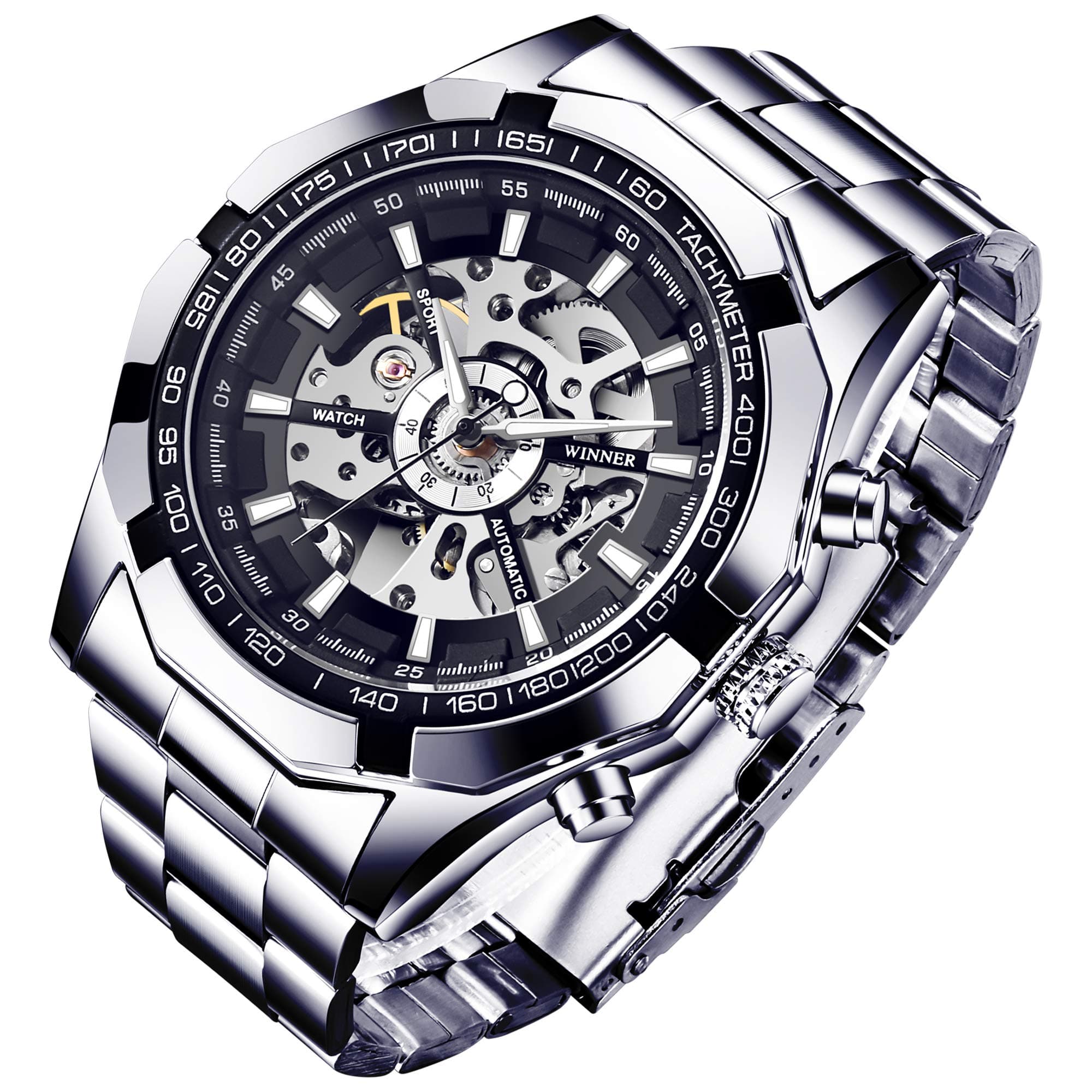 Watch for Men,Men Automatic Mechanical Wristwatch Luminous Hands Skeleton Silver Black