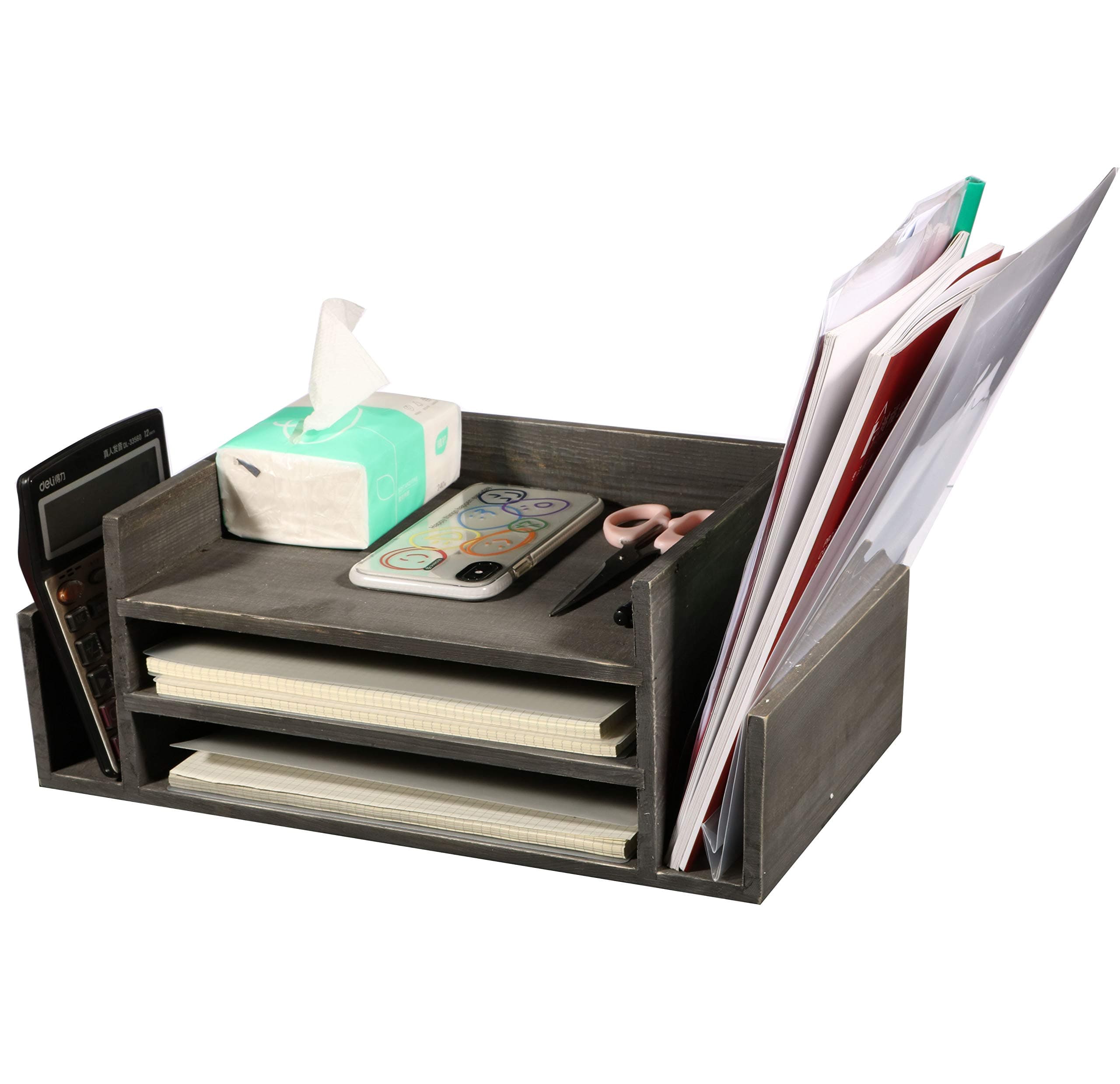 YCOCO Rustic Gray Wood Desktop Office Organizer 3-Tier Office Document Tray & Mail Sorter Organizer Rack