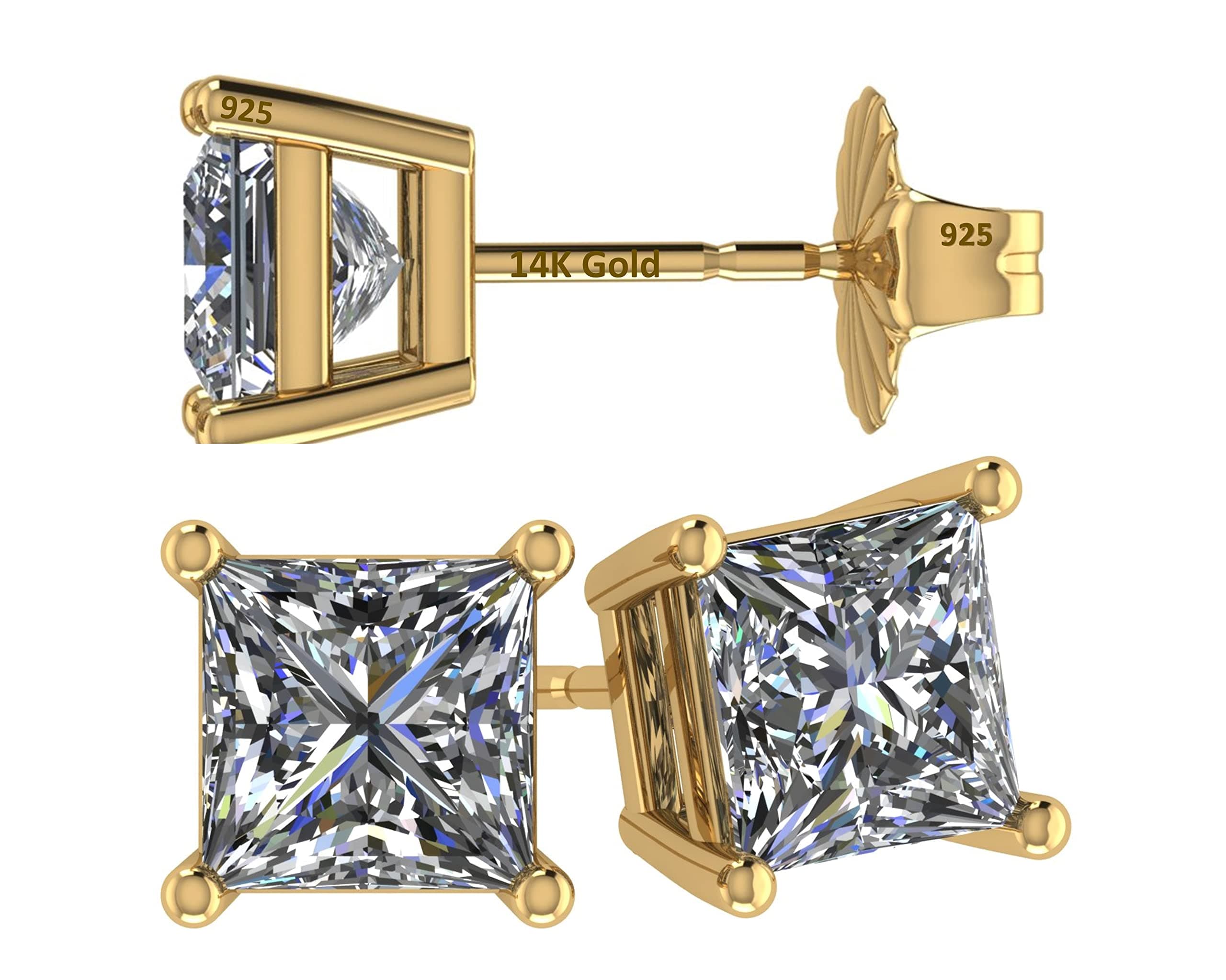 14K Gold Posts & Sterling Silver Princess Cut CZ Stud Earrings Made with Swarovski Zirconia, 1.50-4.00ctw