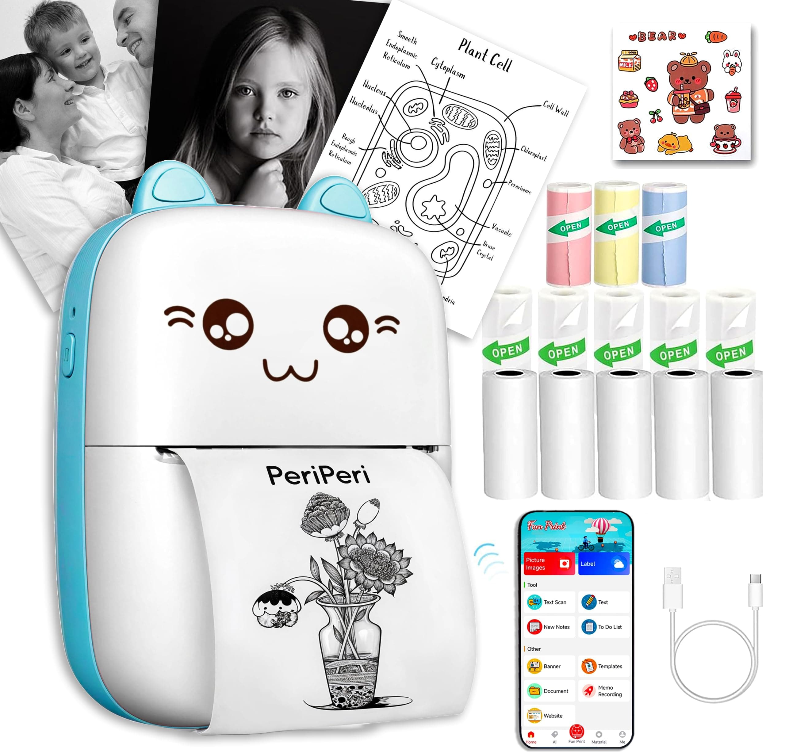 PeriPeri C6 Gift Box Combo Mini Thermal Printer (1Year Warranty) Inkless Bluetooth Pocket Printer with 6 Paper & Sticker Rolls. Compatible with iOS, Android (Blue)