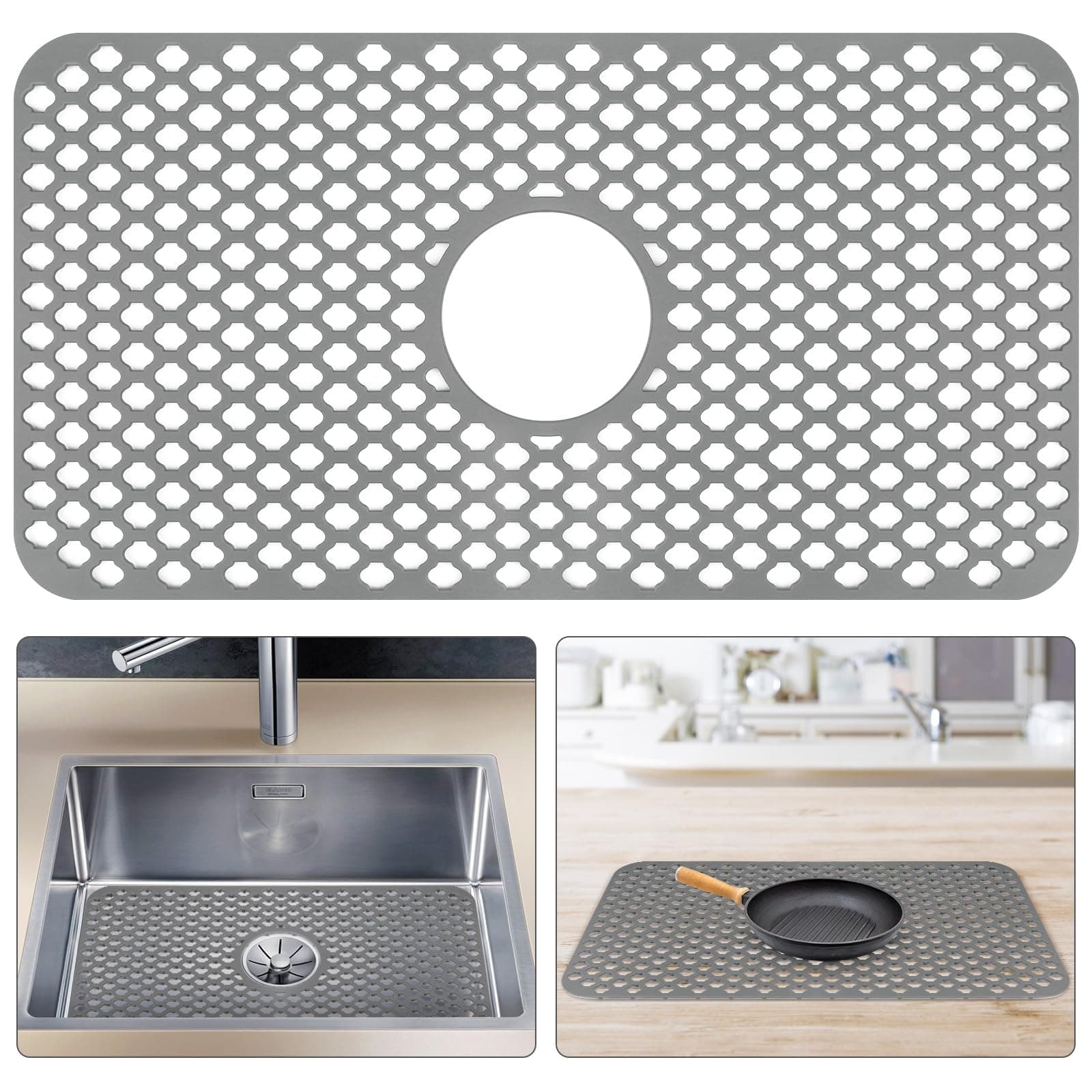 Silicone Sink Protector Mat 63*33 cm, Single Bowl Sink Protectors for Kitchen Sink Tray, Center Drain Kitchen Sink Mat for Bottom of Sink Liner, Sink Protector Grid for Farmhouse Stainless Steel Sink